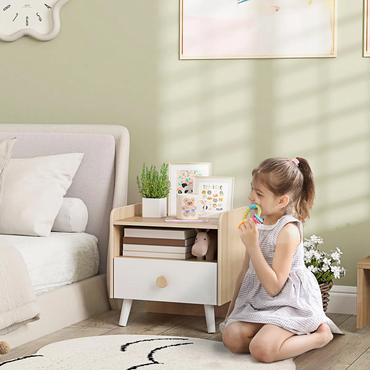 AIYAPLAY Comodino con Cassetto per Bambini 3-10 Anni dal Design Minimal, Comodino per Camera da Letto in MDF e Legno di Pino, 40x32.5x40 cm, Bianco e Legno Naturale