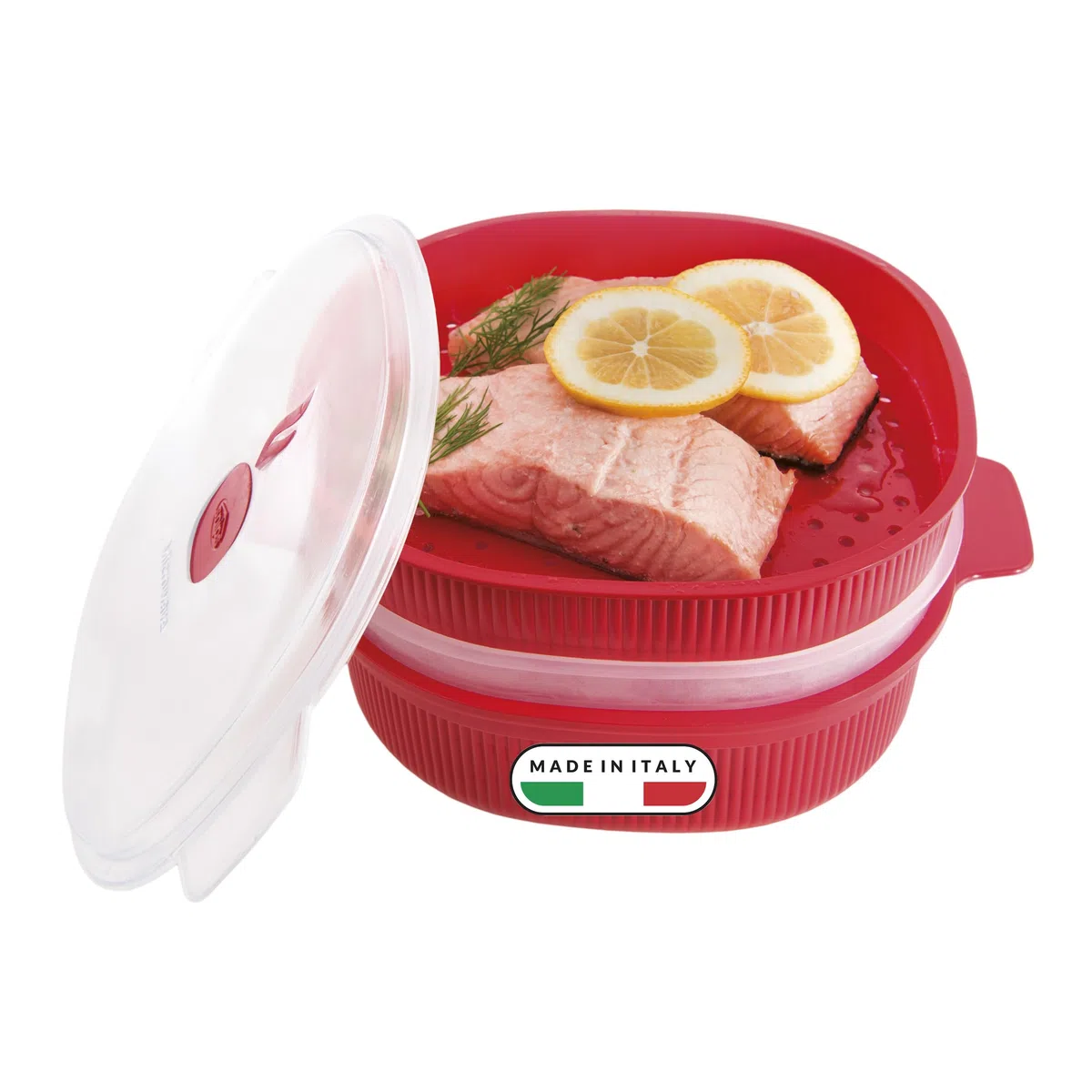 Snips - Vaporiera Microonde Rossa 4L con 2 Vassoi Sovrapponibili per Doppia Cottura a Vapore, Contenitori per Alimenti - Contenitore per Microonde, 26.5x22x13.5 cm, Made in Italy