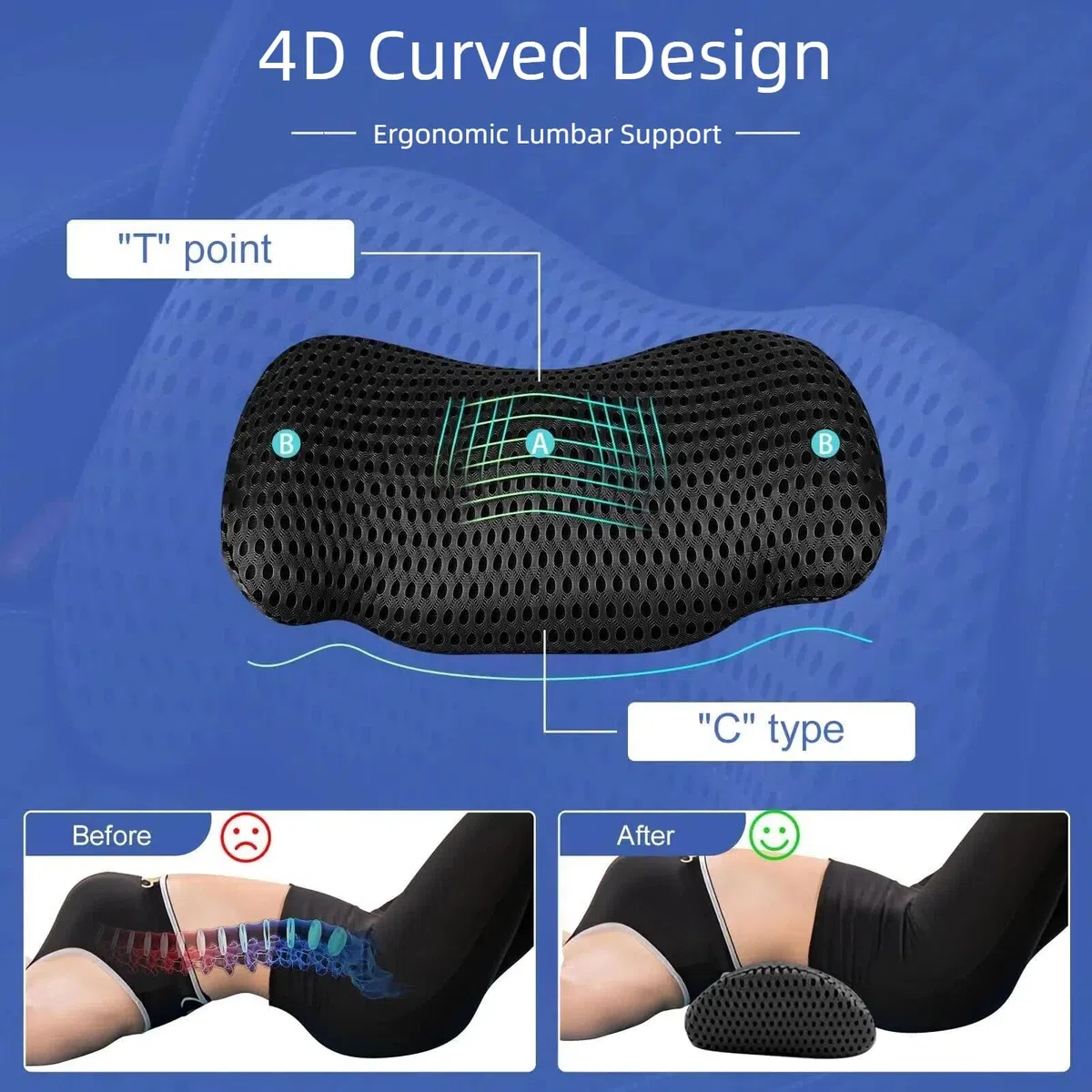 Cuscino ergonomico di supporto lombare, cuscino per schienale in memory foam di alta qualità, per sedia da ufficio, auto e giochi, design ortopedico per alleviare il dolore lombare, copertura in rete