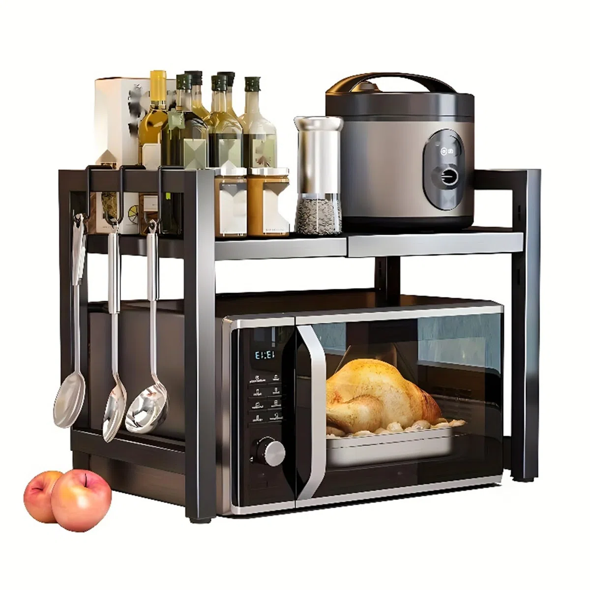 Scaffale per microonde, supporto da cucina espandibile con porta accessori, ripiano telescopico in acciaio al carbonio, nero, organizer per microonde e utensili da cucina, ideale per cucine