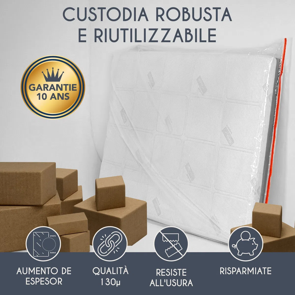 Custodia Materasso Matrimoniale in Plastica - Sacco 180x200 cm (Spessore 30 cm) - Proteggi e Celofan per Coperture - Perfetto per Conservazione, Trasloco - Con Pratica Cerniera