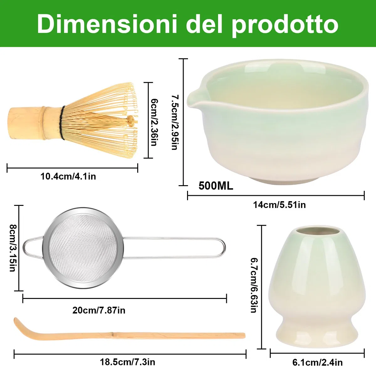 5 Set Matcha,Matcha Cerimoniale,Matcha set da tè matcha,con Frusta Matcha in bambù cucchiaio ciotola e supporto,regalo per gli amanti del matcha Verde a Gradiente