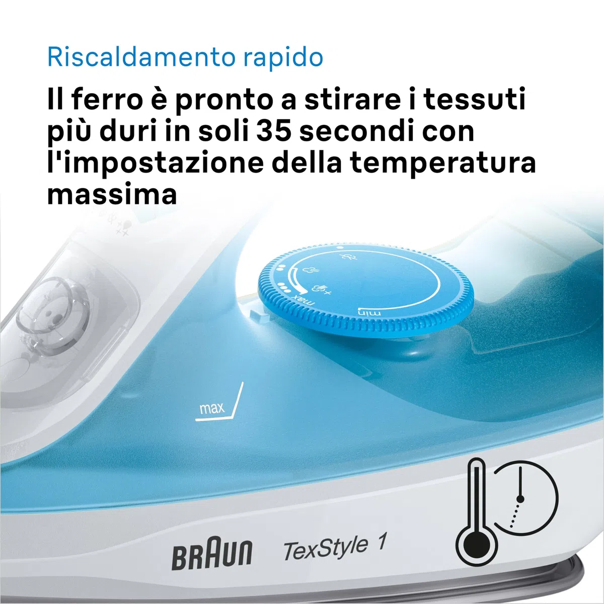 Braun TexStyle1 SI 1050BL Ferro da stiro a Vapore con 5 ANNI DI ASSISTENZA, Termostato, 25g/min in modalità Turbo, MODALITA' RISPARMIO ENERGETICO, Capacità Serbatoio 220ml, 2000W, Celeste
