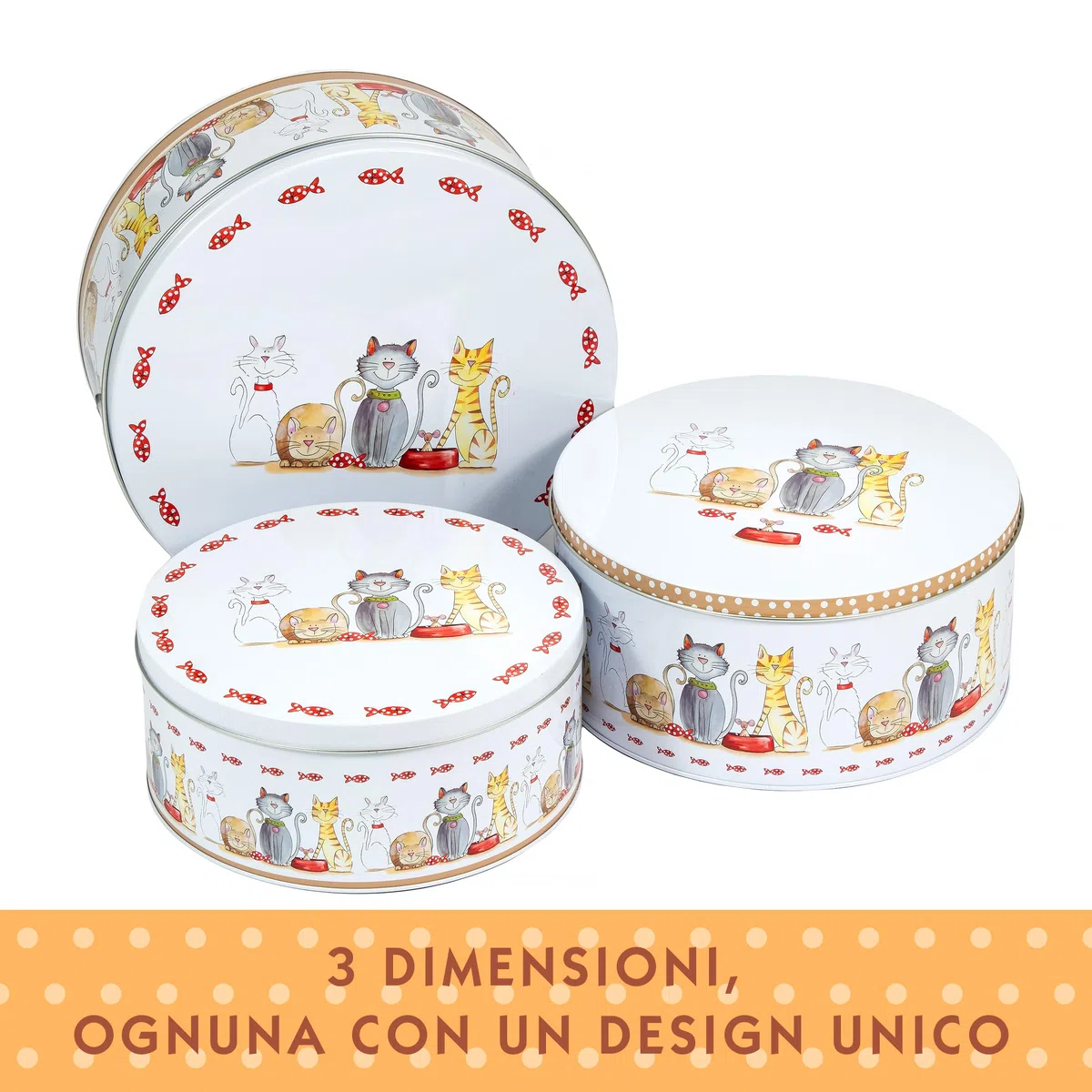SPOTTED DOG GIFT COMPANY Set di 3 Scatole di Latta, Contenitori Impilabili per Biscotti in Metallo, Barattoli di Latta Rotondi Ermetici per Conservare Torte e Alimenti, Piccoli Medi Grandi - Gatti