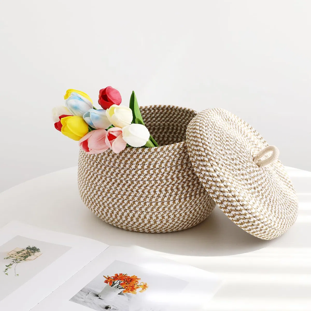 TOPBATHY Cestino Portaoggetti con Coperchio Decorativo 2 Pezzi Cestino organizzativo cestino in corda di cotone con coperchio Cotone Giocattoli Lavabili Intrecciati Manico 21X17 cm