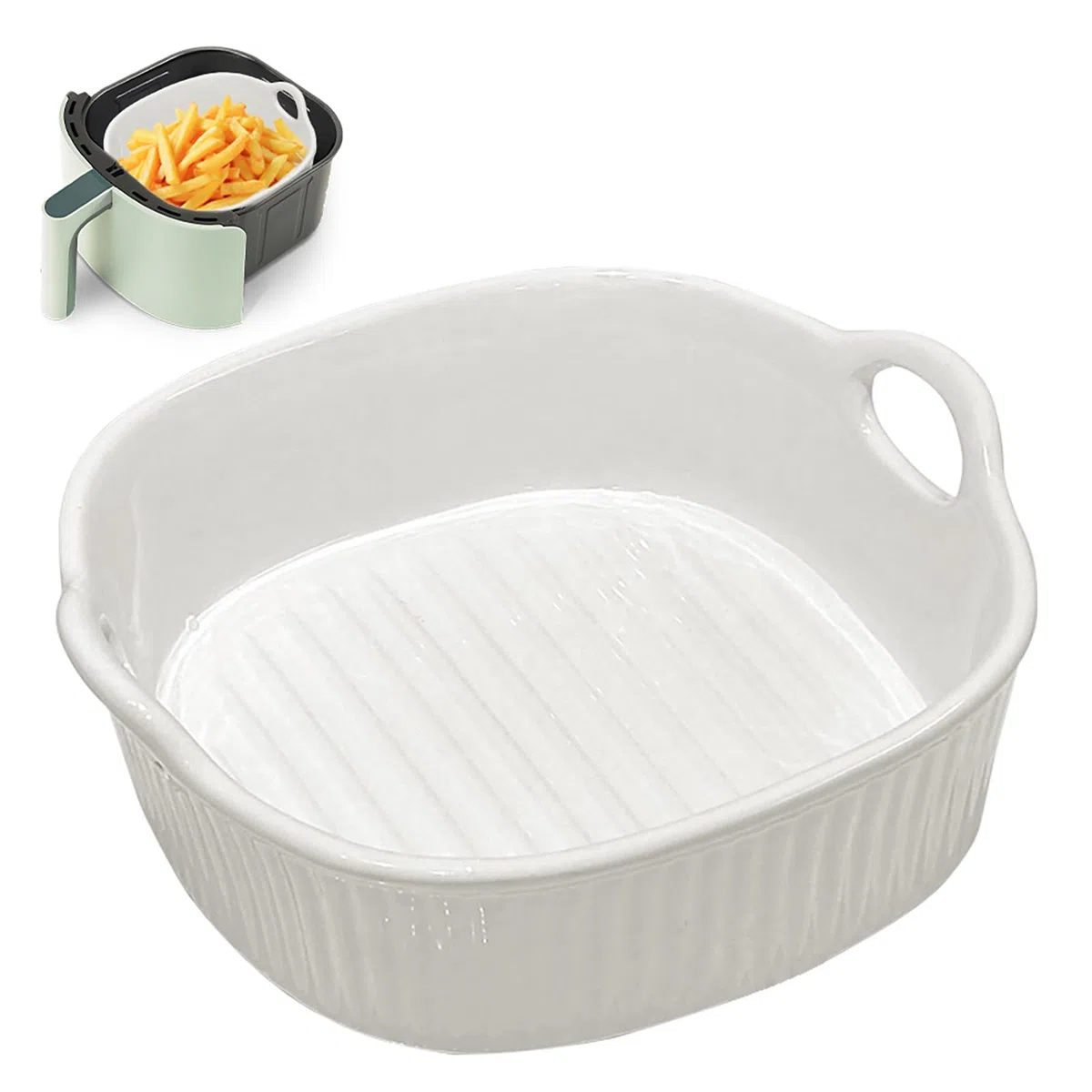 Teglia da Forno 650 ml, Forma Quadrata 7 Pollici, in Ceramica, con Manici per Lasagne, Carne, Verdure, per Friggitrice ad aria Calda, Forno, Microonde,18.5 x 17 x 6 cm (Bianco)