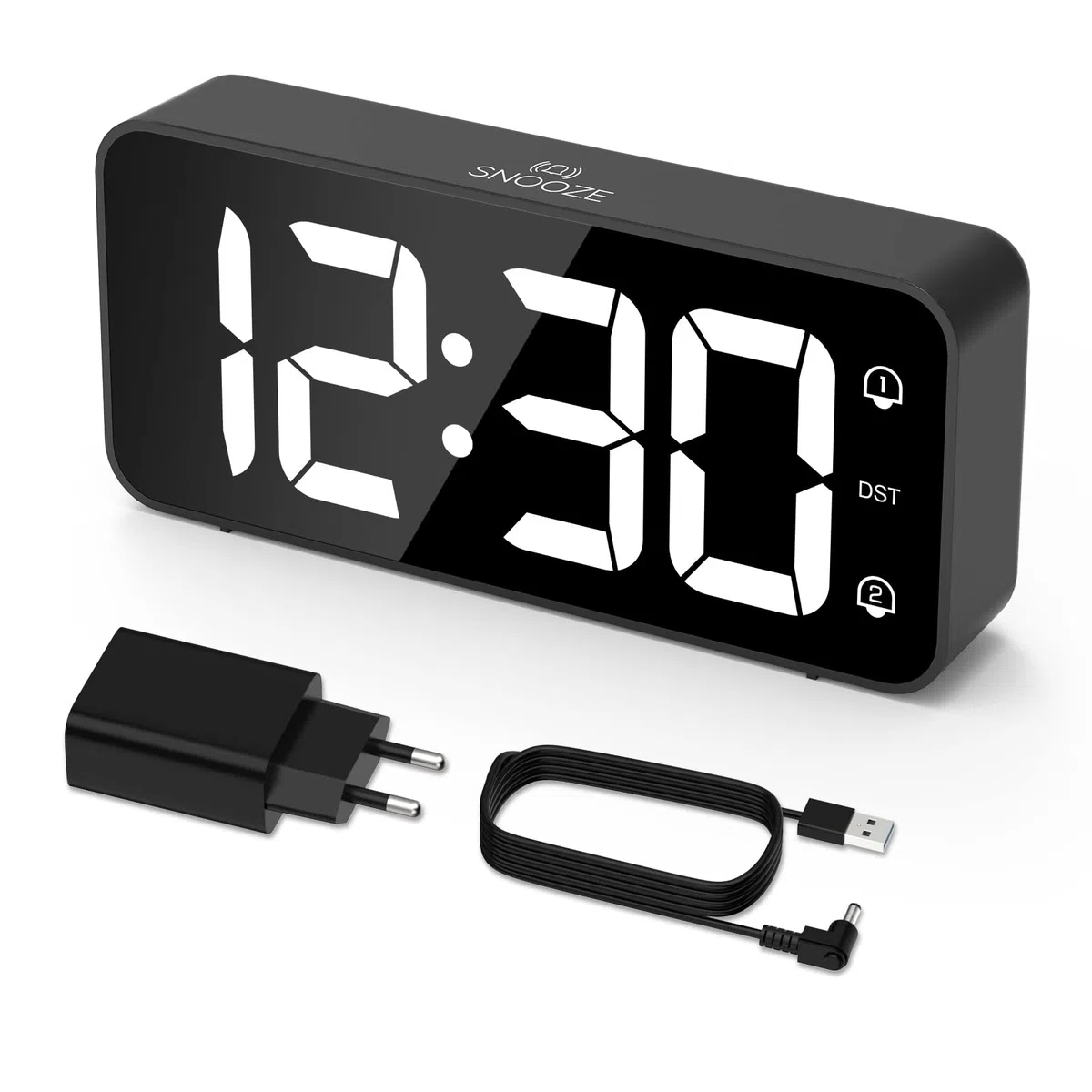 LATEC Sveglia Digitale, Sveglia da Comodino LED con Adattatore, Luminosità e Volume Regolabili, Schermo Grande da 5,8" con 2 Allarme, Snooze, 12/24 Ore per Ufficio Camera da Letto, Nero