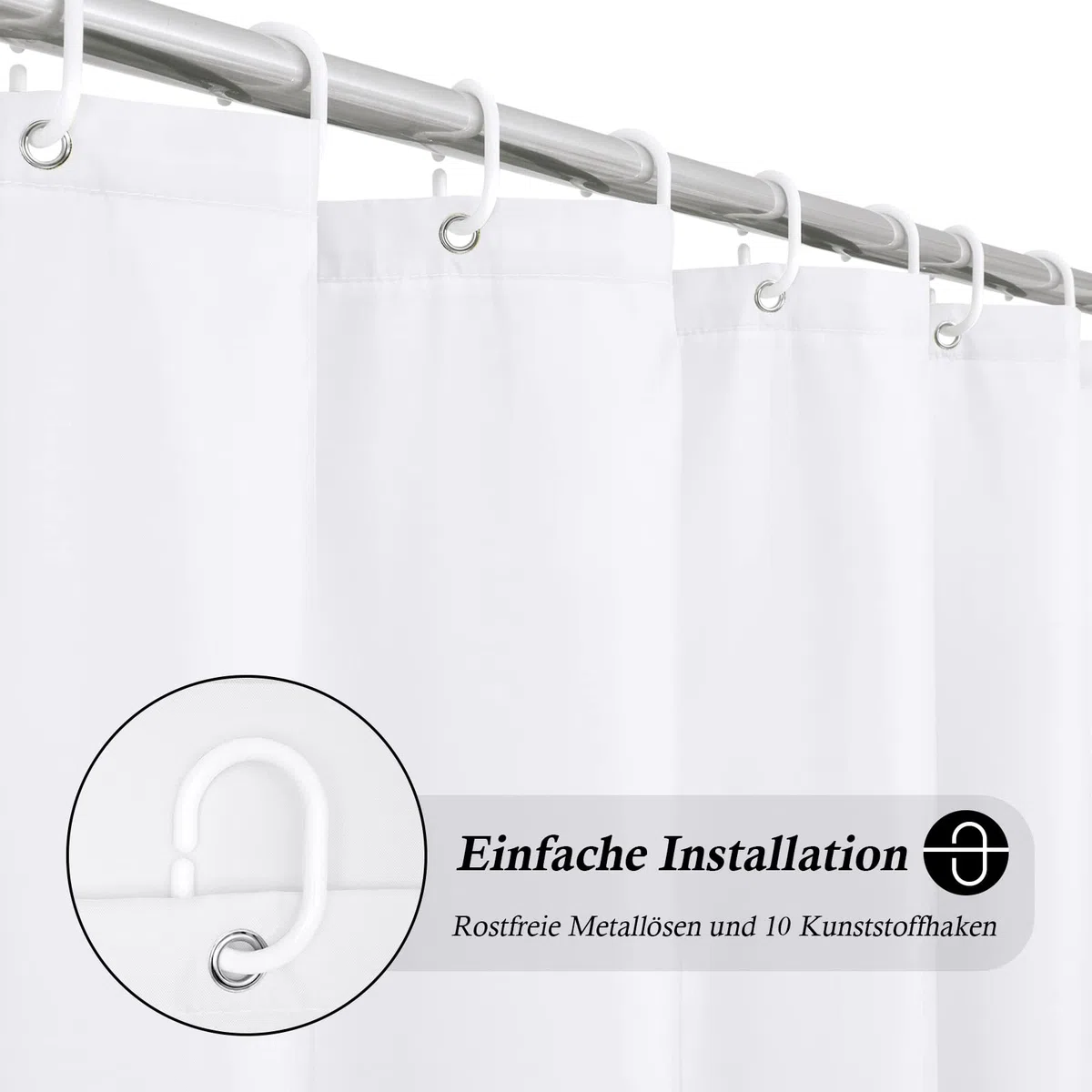 EurCross Tenda da doccia bianca sottile, 150 x 200 cm, in tessuto antimuffa, impermeabile, lavabile, tenda da doccia in bagno, per vasca da bagno con 10 anelli