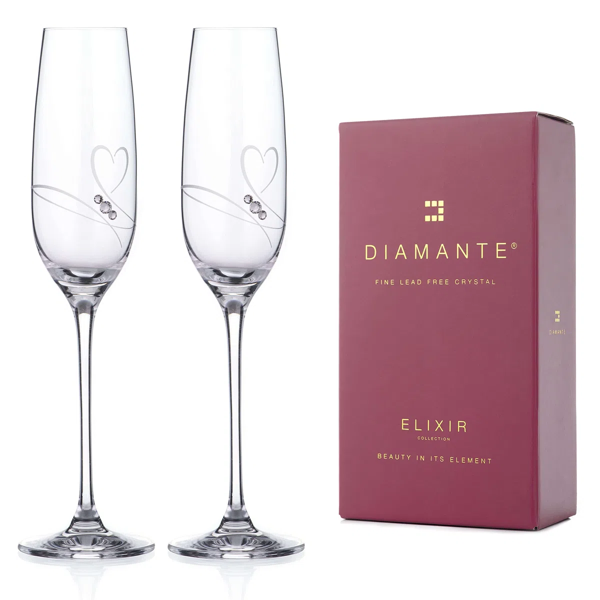 DIAMANTE Flute da champagne, bicchieri da prosecco con design 'Romance' tagliato a mano, impreziosito da cristalli, con scatola regalo