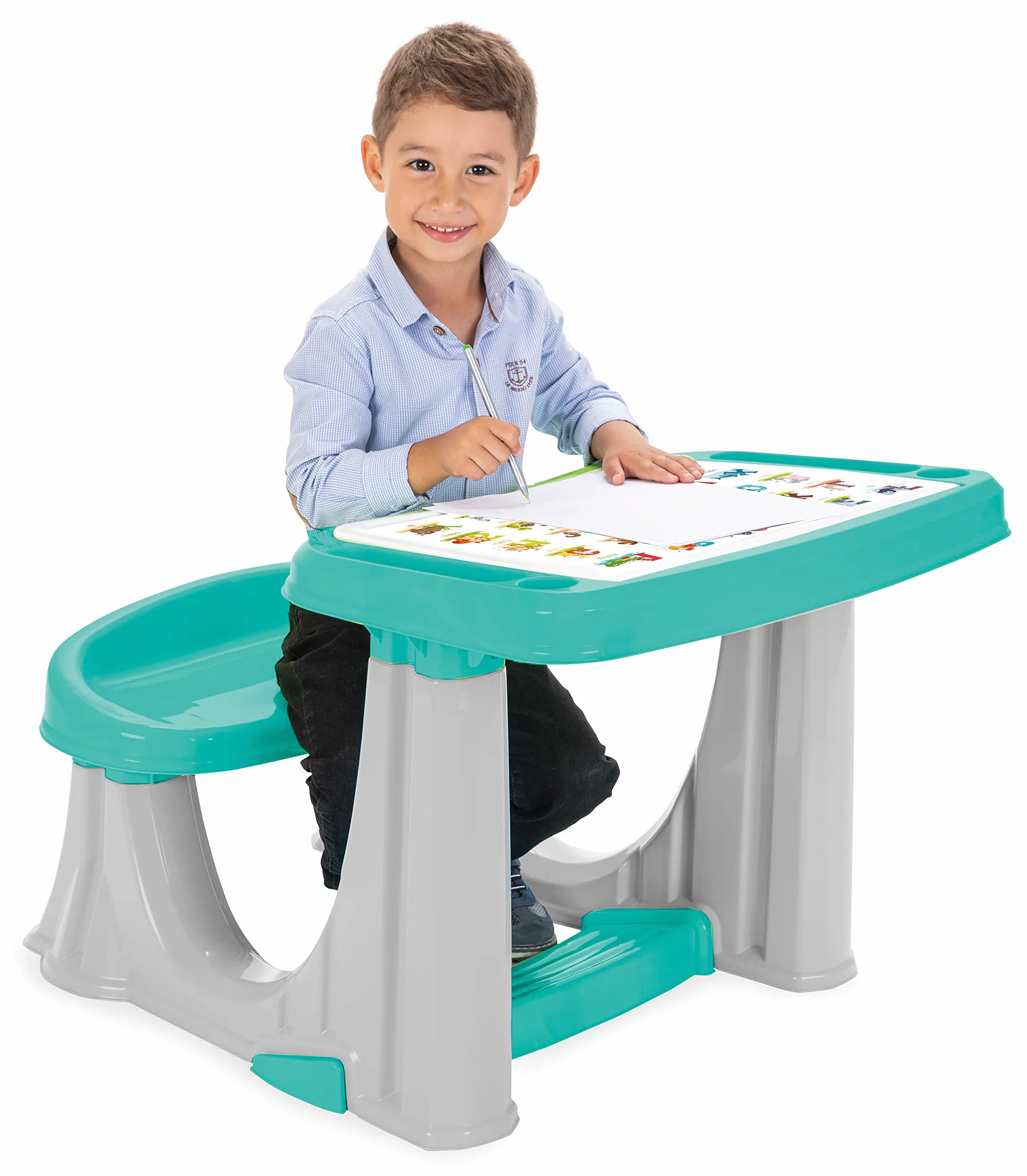Banco Scuola Bambini 2 Anni Con Sedia Azzurro Scrivania Gioco Studio per Bambini con Scomparti Portapenne e Sgabello Struttura Plastica Dura Multicolore Giocattolo Educativo Dimensione 62x78x50cm