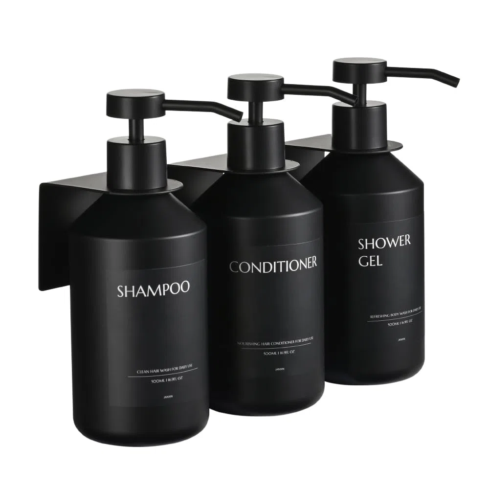 3 Pezzi 500ml Dispenser Sapone Doccia Senza Foratura, 500ml, Dispenser Sapone Bagno a Muro, Dispenser Bagnoschiuma Doccia, Con 12 Etichette Impermeabili (Bottiglia nera + testa nera)