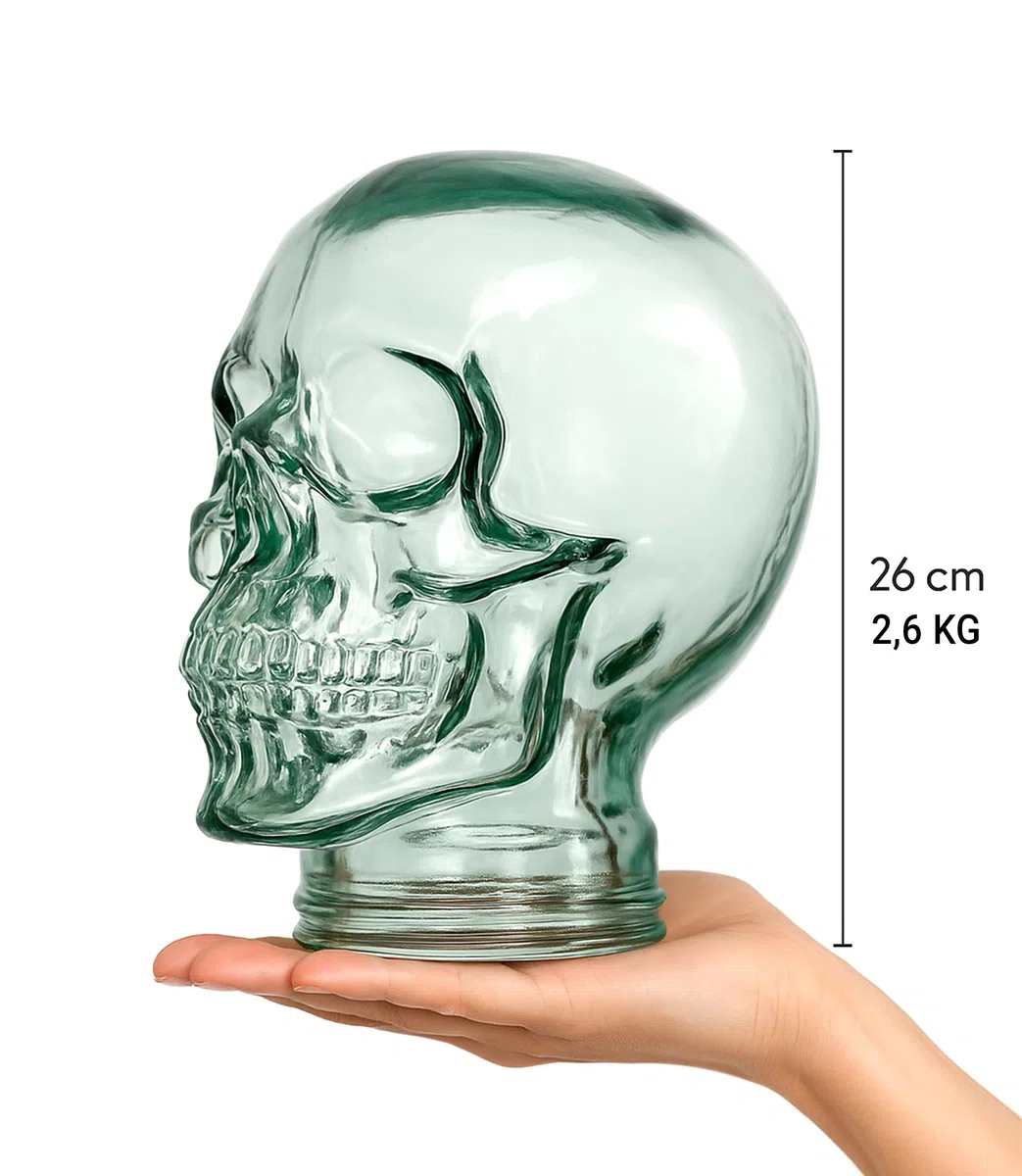 Testa manichino decorativo. Testa in vetro riciclato. Espositore per accessori in vetro. Supporto Cappelli, Cappelli, Caschi e altro ancora. Realizzato in vetro riciclato. (Teschio)