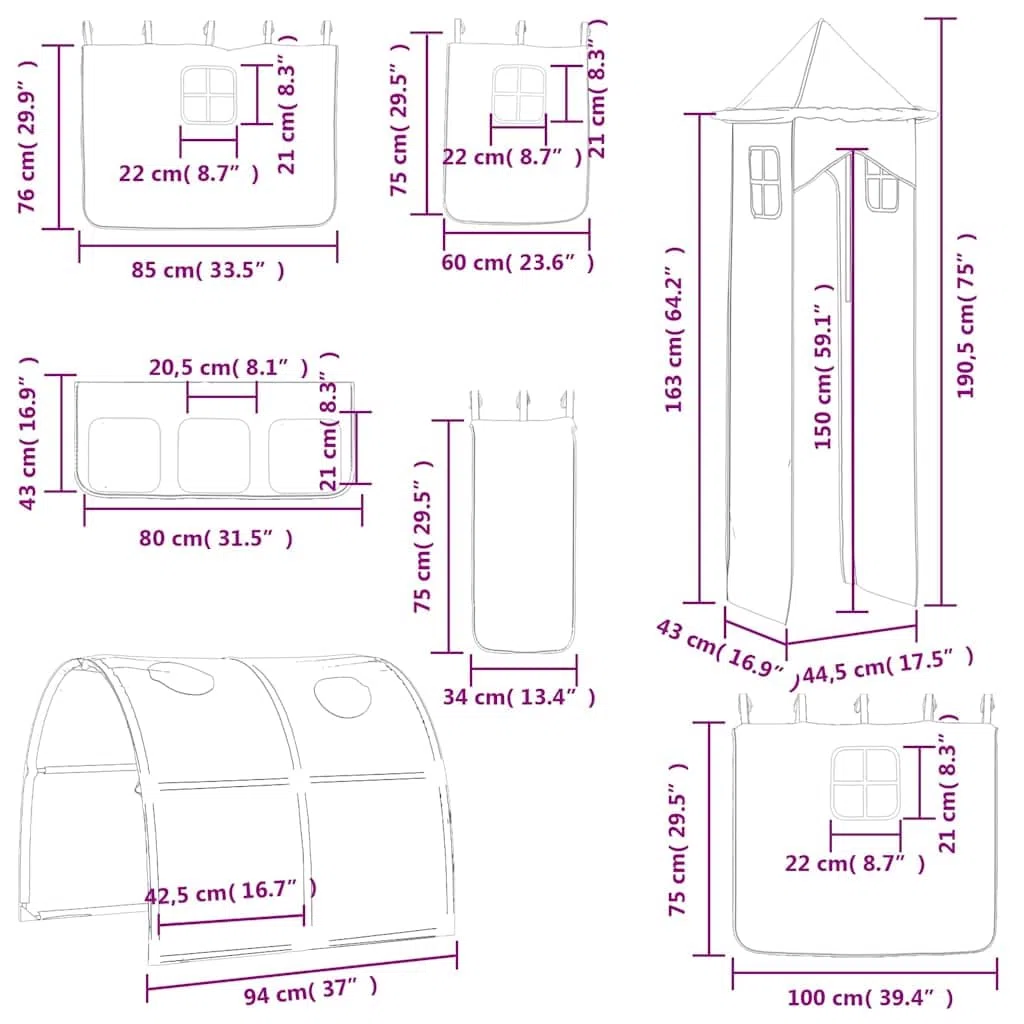 vidaXL Tende per letto a soppalco bambini, Rosa, con tunnel e torre, Tenda oscurante, Baldacchino, Tenda privacy sotto letto, Tenda da gioco, Arredo cameretta