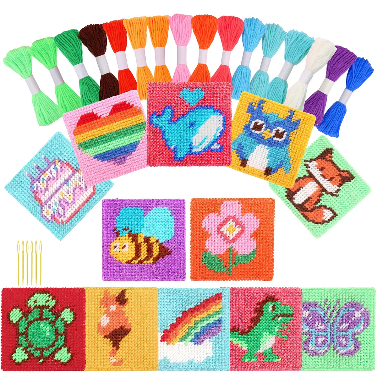 Pllieay Punto Croce Bambini 12-in-1 per Bambini, Kit di Ricamo Include 12 Pezzi di Tela in Plastica Vuota, 16 Fili, 6 Aghi da Ricamo, Kit Punto Croce per Principianti con Istruzion Set Punto Croce