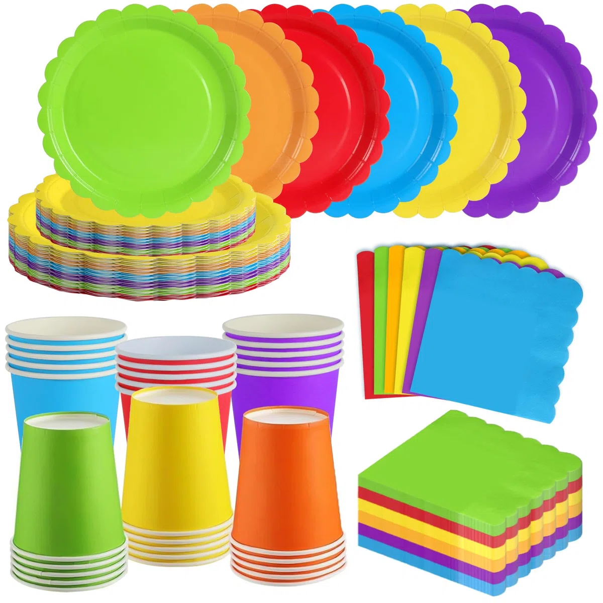 Set Stoviglie per Feste Colorate (30 Ospiti), con Piatti di Carta Ondulati 23cm e 18cm, Bicchieri di Carta, Tovaglioli, Per Feste Bambini e Compleanni