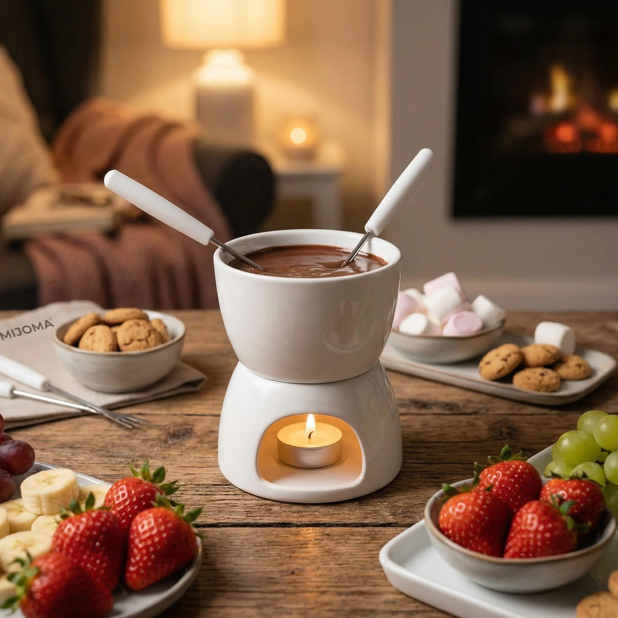 MIJOMA Mini set per fonduta di cioccolato – Scopri il puro piacere del cioccolato – Design alla moda ed elegante in bianco, con 2 forchette per fonduta, ideale per biscotti e frutta, ceramica, 10 x 9