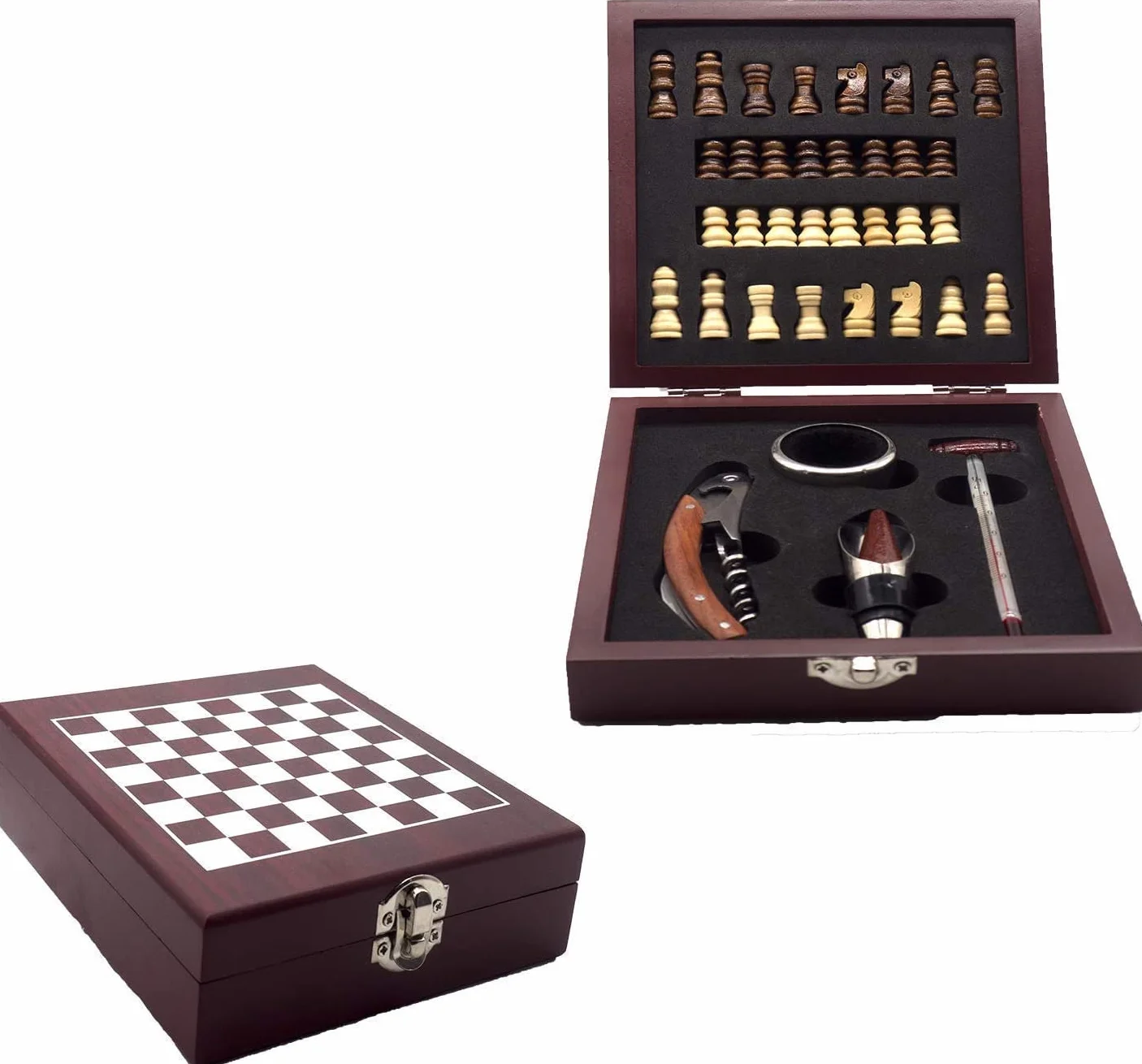 InnovaGoods IG115540 - Kit Accessori Vino E Gioco Degli Scacchi, Cavatappi, Anello Anti goccia, Tappo Aereatore, Termometro, Marrone