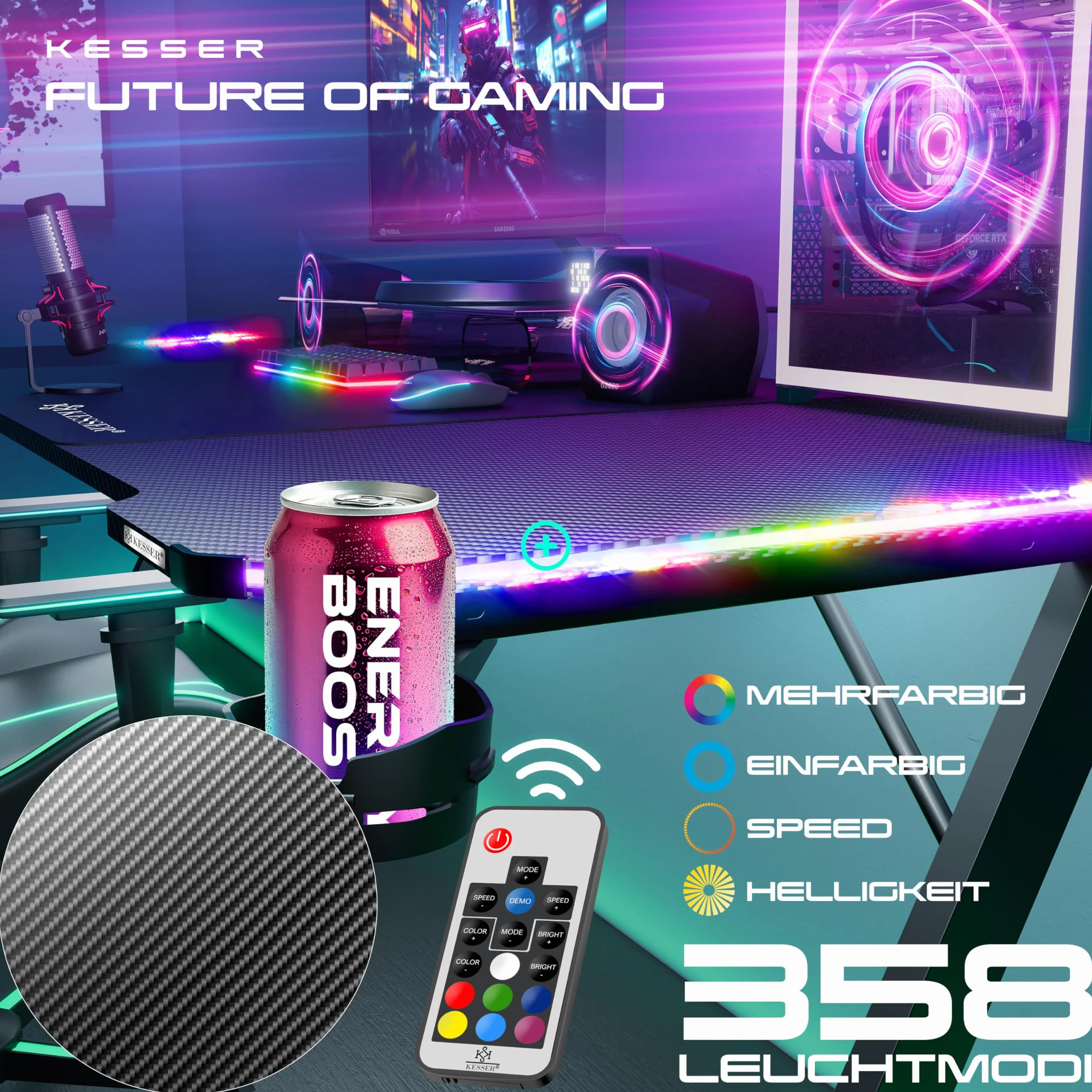 KESSER® Scrivania da Gioco LED - 180 x 80 cm, Scrivania a forma di Z, Gancio per Cuffie e Rivestimento in Carbonio, Ergonomica per PC, con Portabicchieri, Nero Carbonio