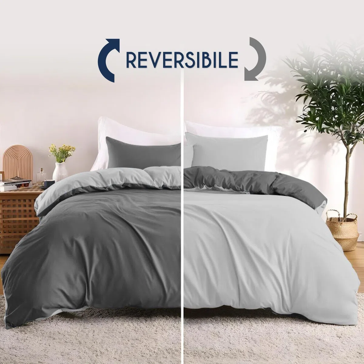 Dreamzie Copripiumino Matrimoniale 200x200 cm con 2 Federe 50x70 cm - Grigio Scuro/Grigio Chiaro Set Copripiumino Matrimoniale 200x200