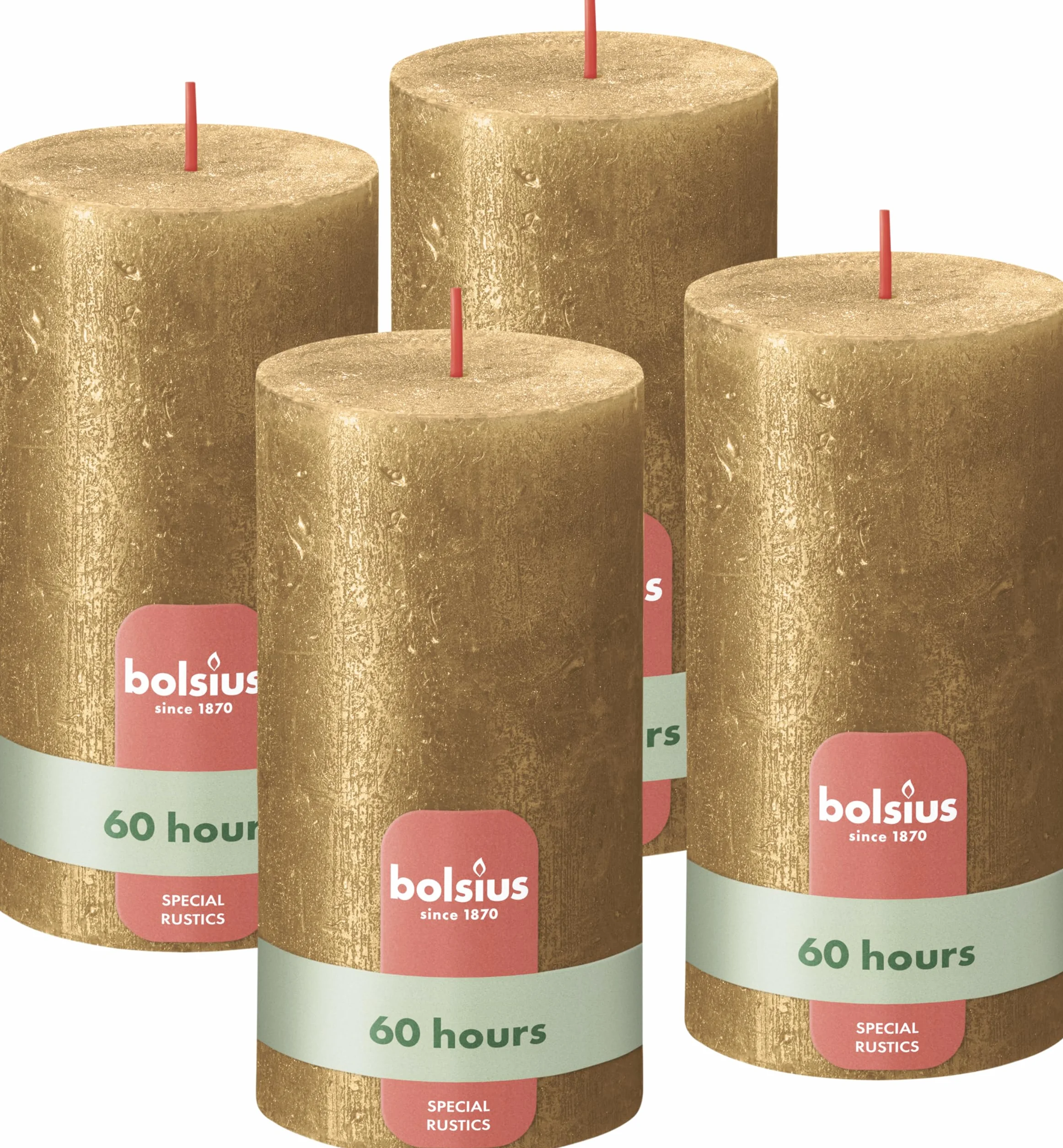BOLSIUS - Candele rustiche pilastro Shimmer - Oro - 13cm - Confezione da 4 -Non gocciolamento - Candele non profumate