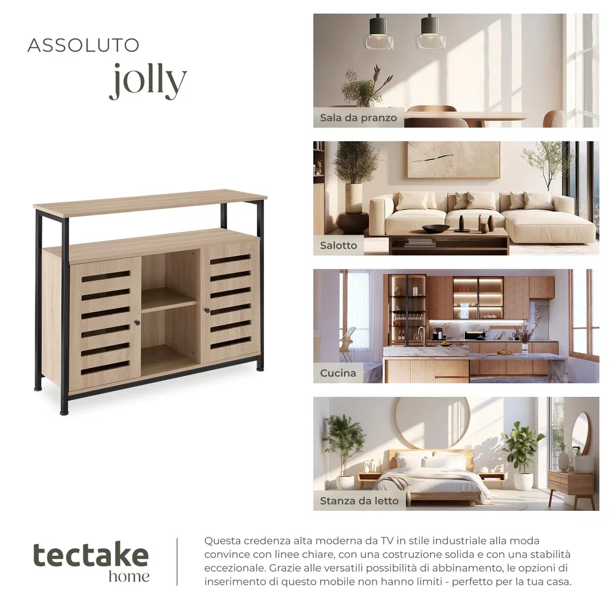 tectake® Credenza Cucina 100x37x82cm, Mobile Cucina, Dispensa Salvaspazio Armadio 2 ante, 2 Ripiani, Mensole Regolabili per Piatti e Pentole, Soggiorno, Sala da pranzo - Legno Industriale Chiaro