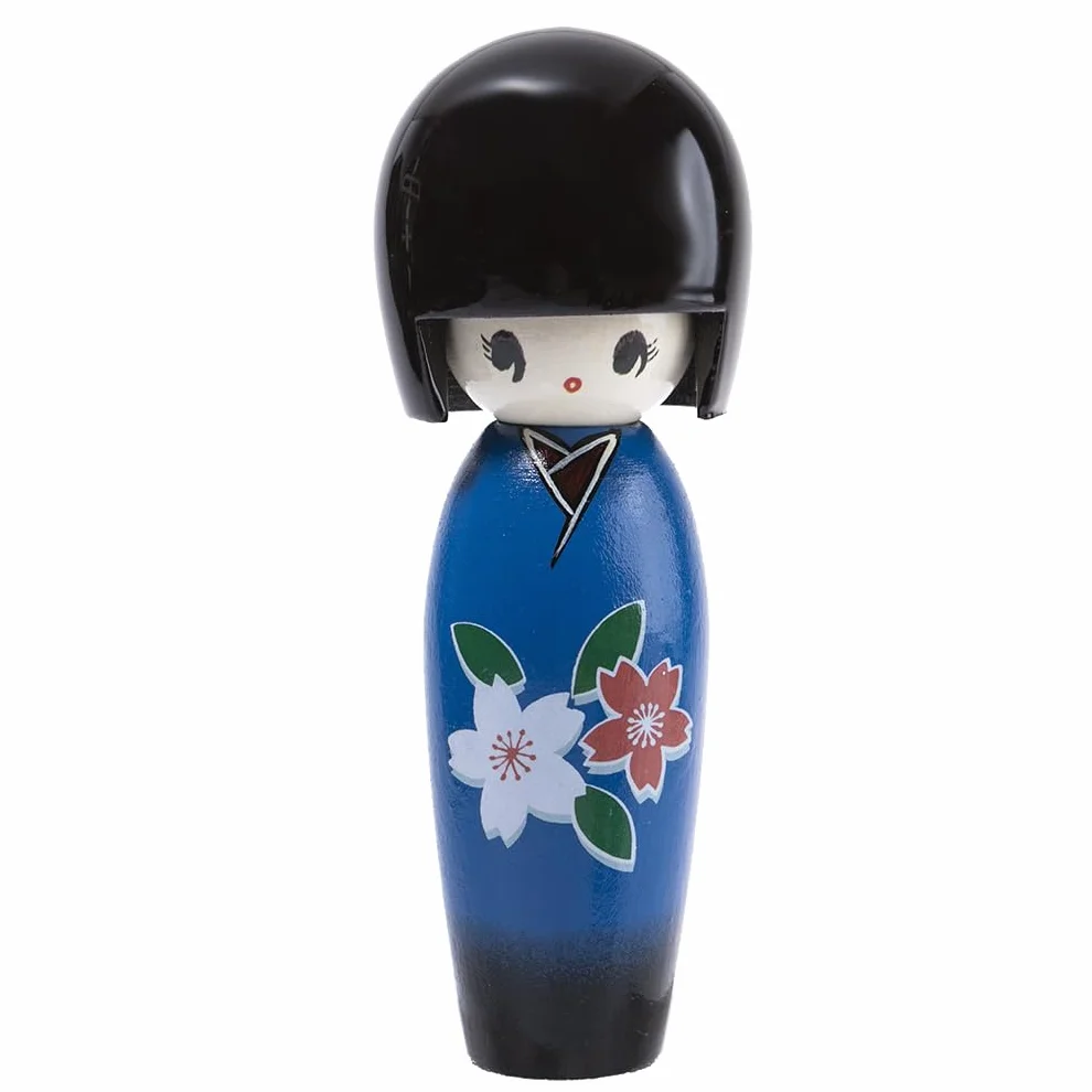 lachineuse - Kokeshi Giapponese Blu 13,5 cm - Bambola giapponese in legno con fiori di ciliegio Kimono - Statuetta decorativa giapponese - Kokeshi Tradizionale Giappone - Idea regalo originale Deco