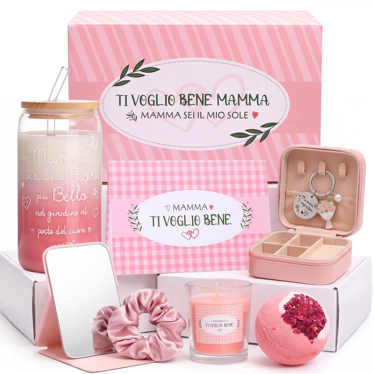 LEMESO Regalo Festa della Mamma Set Regalo Mamma 8pz con Bicchiera Cristallo Candele Bomba da Bagno Portachiavi Portagioie Specchio Biglietto Originale per Compleanno Natale