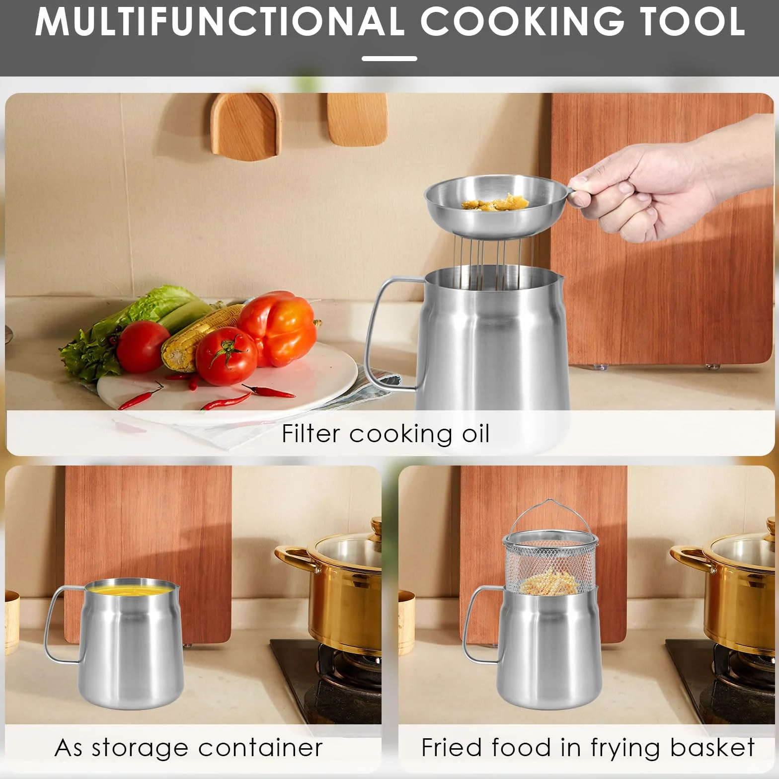 Bacon - Contenitore salva-grasso in acciaio inox, con filtro a rete e cestello, filtro per olio per friggere, filtro antipolvere per grasso (2 l)