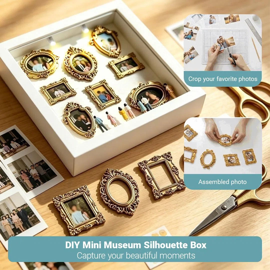 Diy Mini Museum Silhouette Box, RosyFate Shadow Box Frame con Mini Cornice e Figurine in Miniatura, Mini Museo Foto Idea Fai da Te Decorazioni Casa per Anniversario, Compleanno (Bianco)