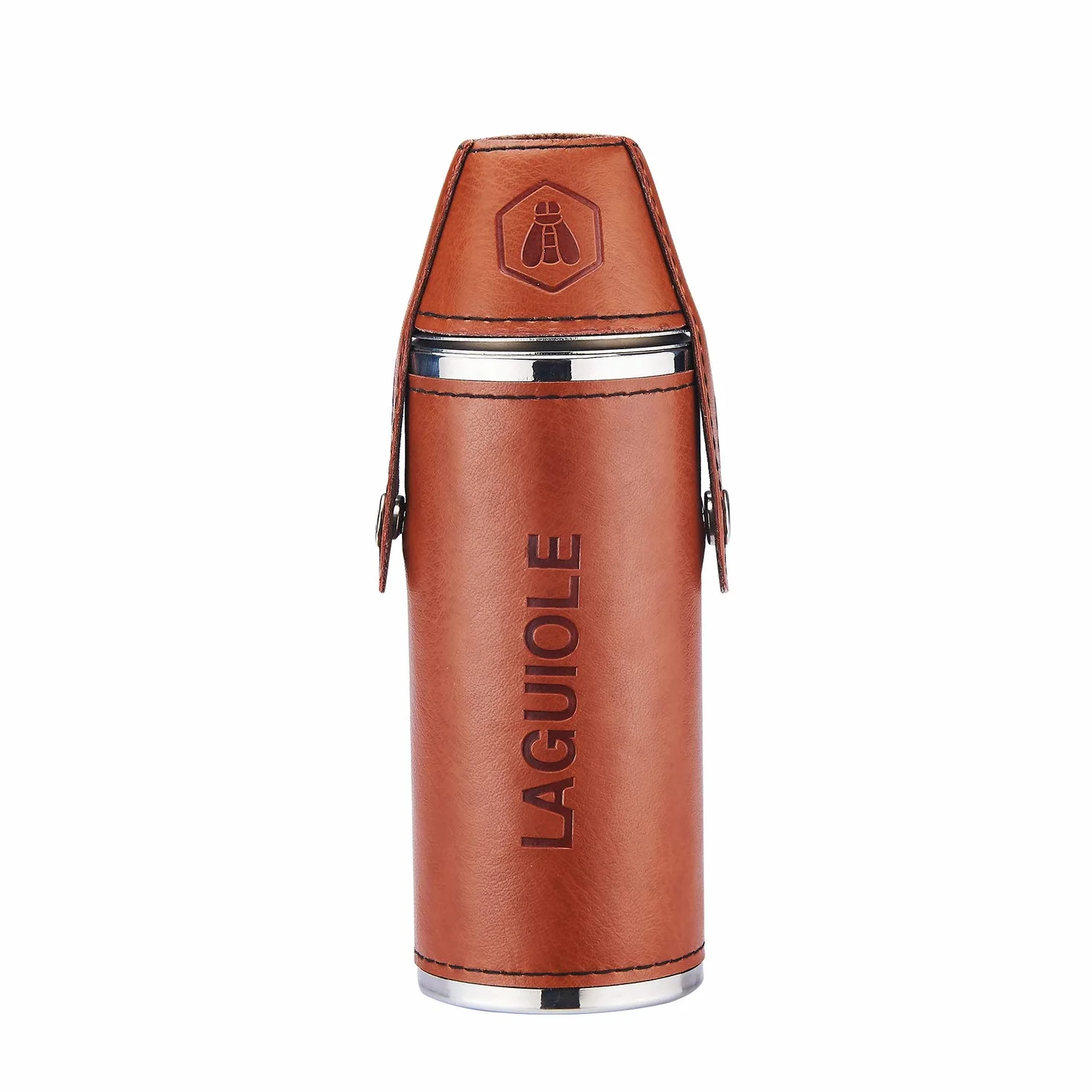 LAGUIOLE - Fiaschetta per alcool con 2 bicchieri - Capacità 8 OZ - 235 ml - similpelle - marrone