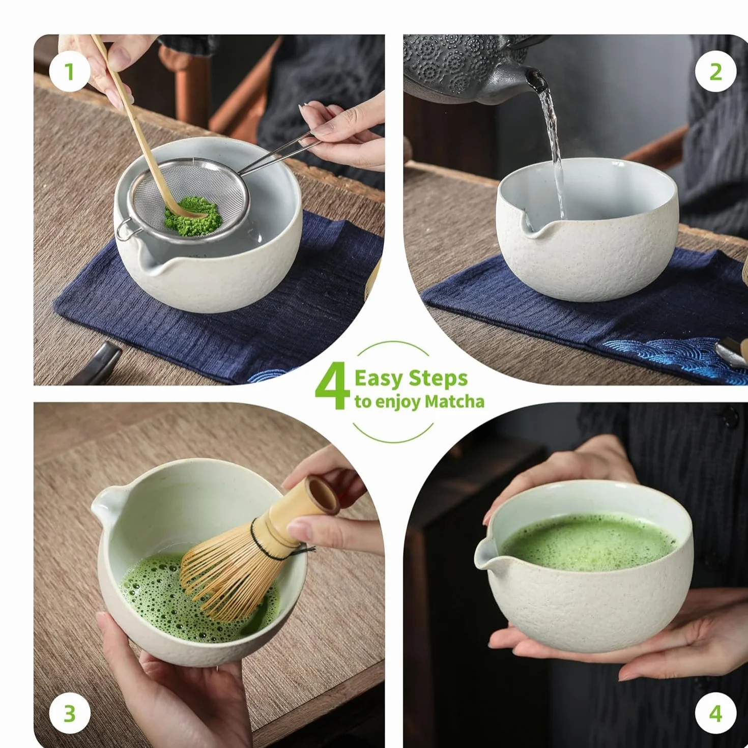 Kit per cerimonia matcha per cerimonia del tè giapponese, ciotola con beccuccio e manico, frusta, paletta da tè, colino in polvere Matcha, set da tè per preparare il latte Usucha, Koicha e