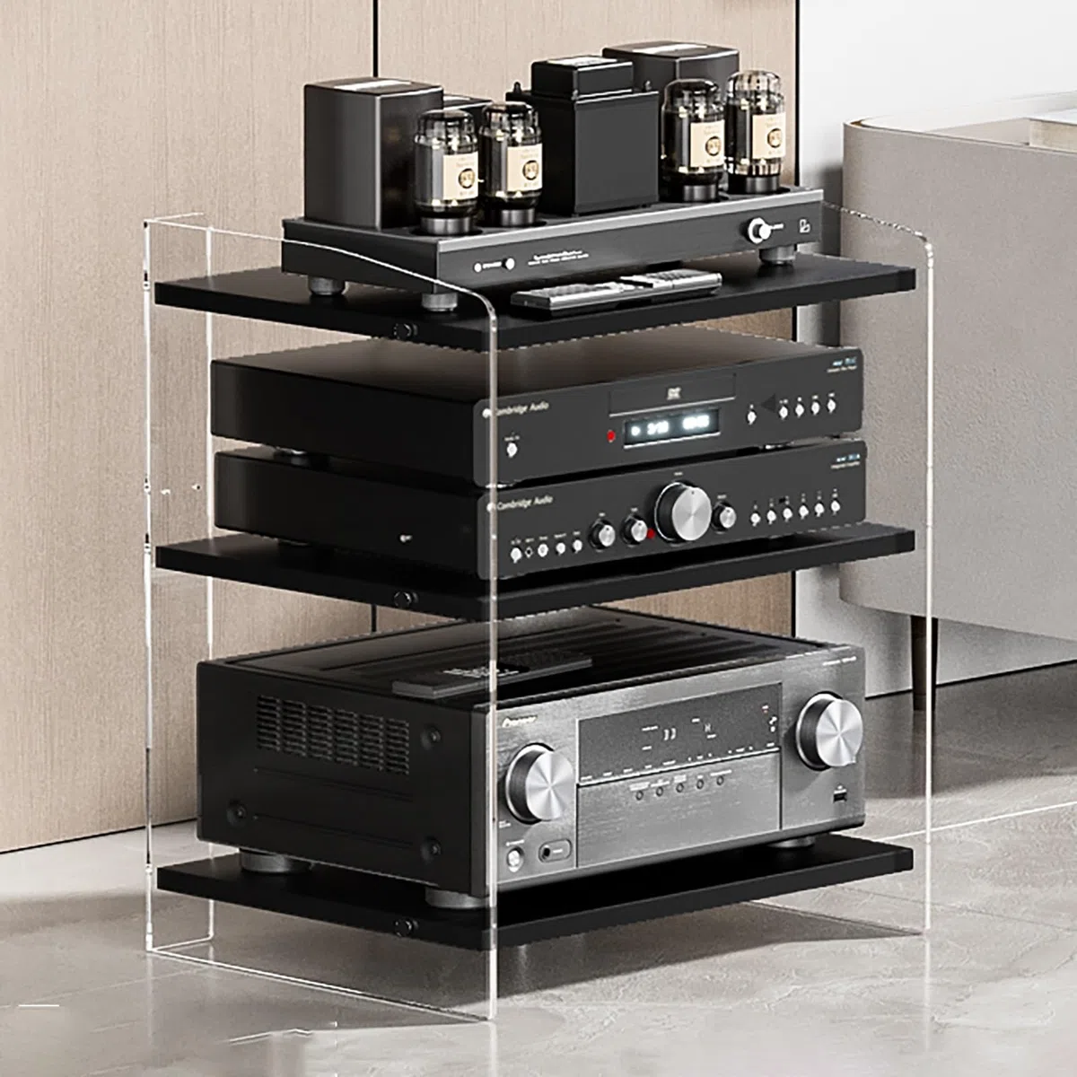 Mobile Stereo Hi Fi Rack In Acrilico,Mobile Stereo A 3/4 Livelli Regolabili ,Scaffalature Audio-Video,Piccolo Mobiletto Stereo E Supporti Audio-Video Trasparente,Adatto Per Lettori Dvd(Transparent/bla