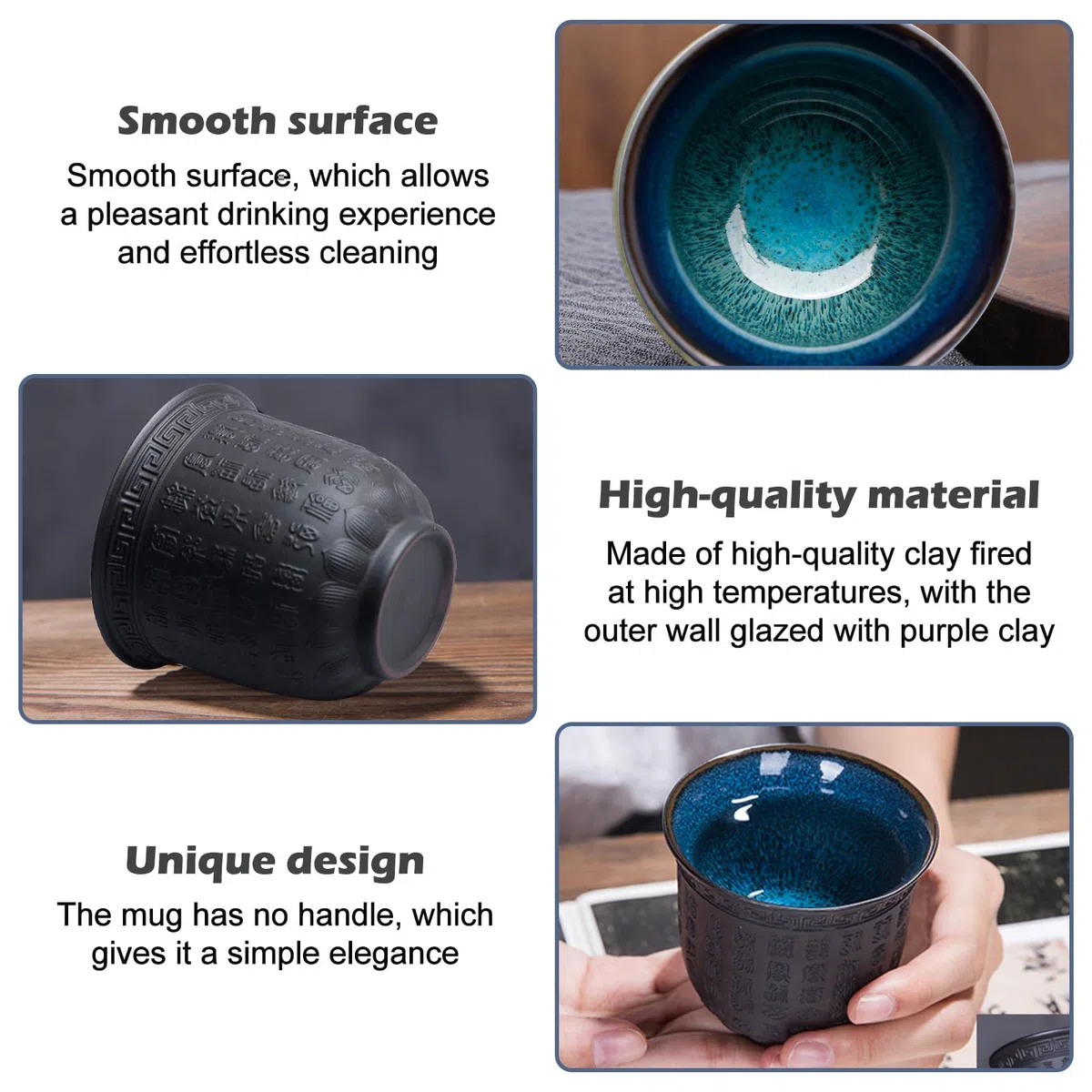 4 tazze da tè giapponesi, 165 ml, tazze da tè asiatiche, cuore buddista Sutra, in ceramica, con motivo a forma di cuore, viola, per tè, sake, espresso, caffè, tazza da tè in rilievo
