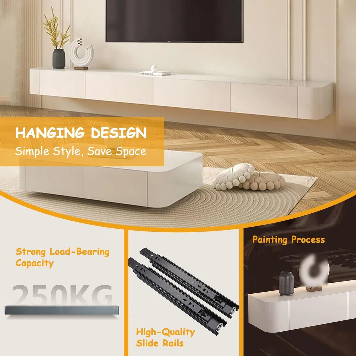 Mobile TV Moderno Sospeso Con Portaoggetti - Console Multimediale Montata A Parete Per Soggiorno E Camera Da Letto - Mobile TV Elegante Con Ripiani Aperti E Scomparti Nascosti(bianca,260cm)