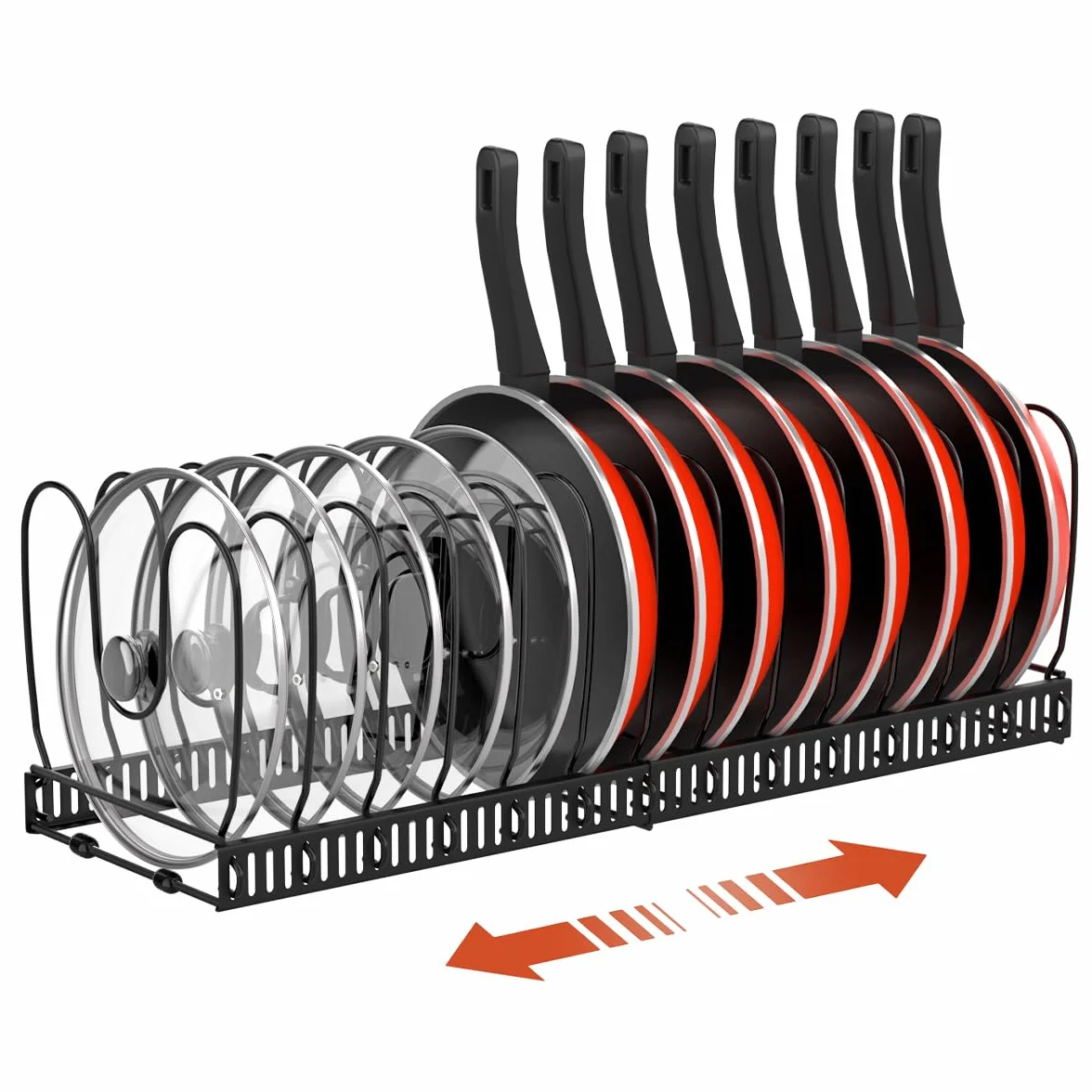Housolution Porta Pentole e Padelle da Cassettone, Espandibile Porta Coperchi Pentole con 14 Scomparti Regolabili, Organizer Coperchi Pentole e Padelle per Cucina, Nero