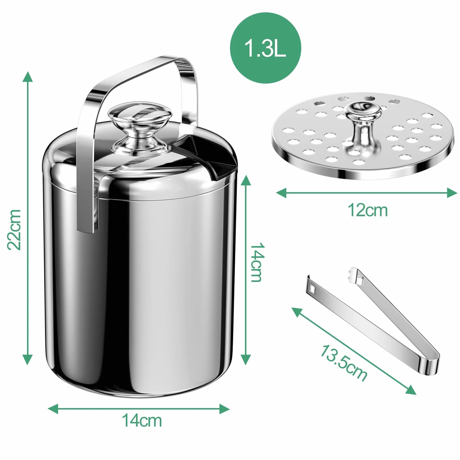 1.3 L Secchiello Ghiaccio in Acciaio Inox, Secchiello per Ghiaccio con Coperchio, Pinze e Colino, Portaghiaccio, LCE Bucke, Contenitore del Cubetto di Ghiaccio, per Cocktail Bar, Feste