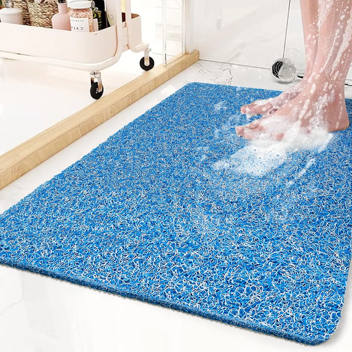 Tappetino da doccia antiscivolo e antimuffa: tappetino da bagno per vasca da bagno interno, 60 x 40 cm, antiscivolo, per doccia interna, tappetino da doccia in luffa blu, lungo, lavabile, per anziani