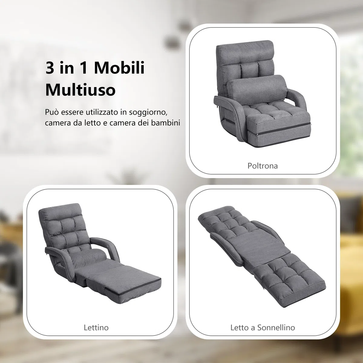 COSTWAY Poltrona Divano con 5 Livelli Regolabili, Sedia da Terra con Braccioli e Cuscino, Struttura in Acciaio, Multifunzione e Pieghevole per Soggiorno Camera da Letto, 55x66x71 cm (Grigio)