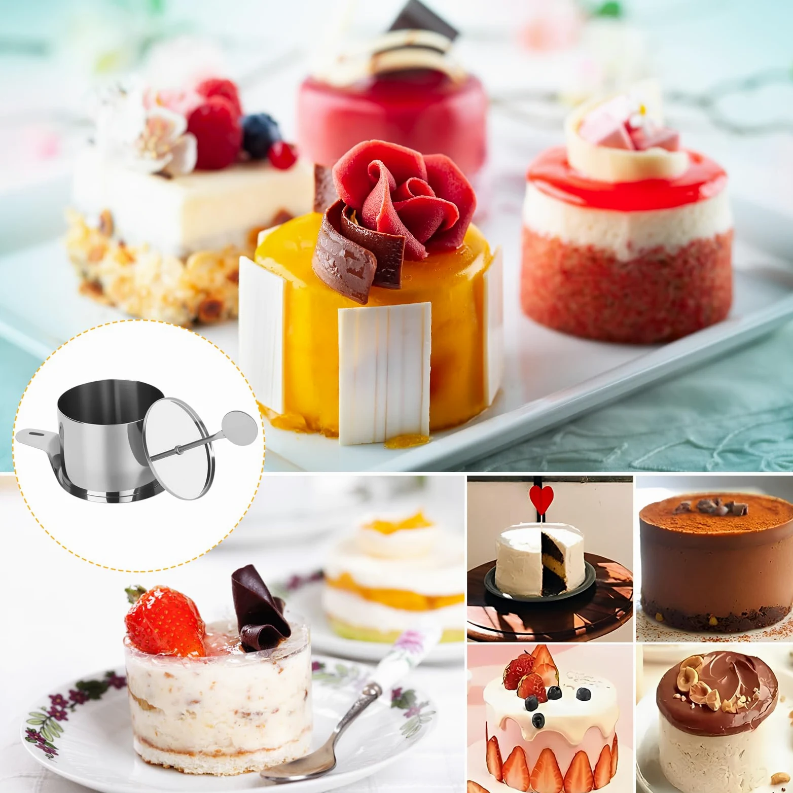 Set di 8 anelli da dessert e fedi nuziali, in acciaio inox, diametro 7,5 cm, con coperchio, base e stencil, forma rotonda per tortine