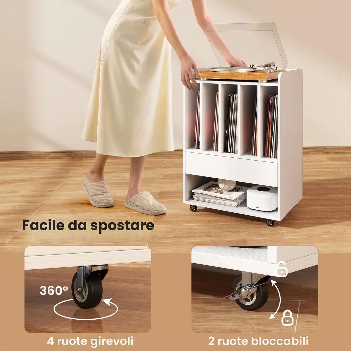 KOMFOTTEU Supporto per Giradischi in Vinile Fino a 180 Album, Mobile Giradischi con Ruote, Mobiletto Portaoggetti con Scomparti Aperti, Cassetto e Ganci per Ufficio, Soggiorno, Studio (Bianco)