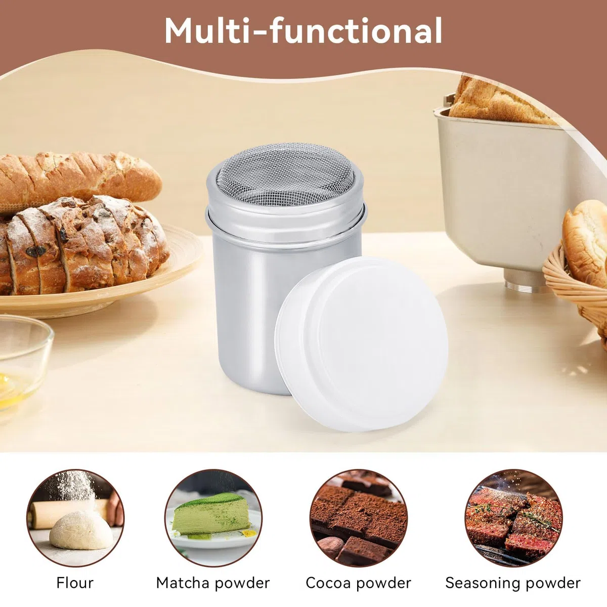 Spargi Zucchero,Spargi Cacao in Acciaio Inossidabile Dispenser Cacao in Polvere,Powdered Sugar Shaker,Spargicacao Spargi a velo Spargizucchero per Farina Cacao Setaccio per Farina di Caffè con Shaker