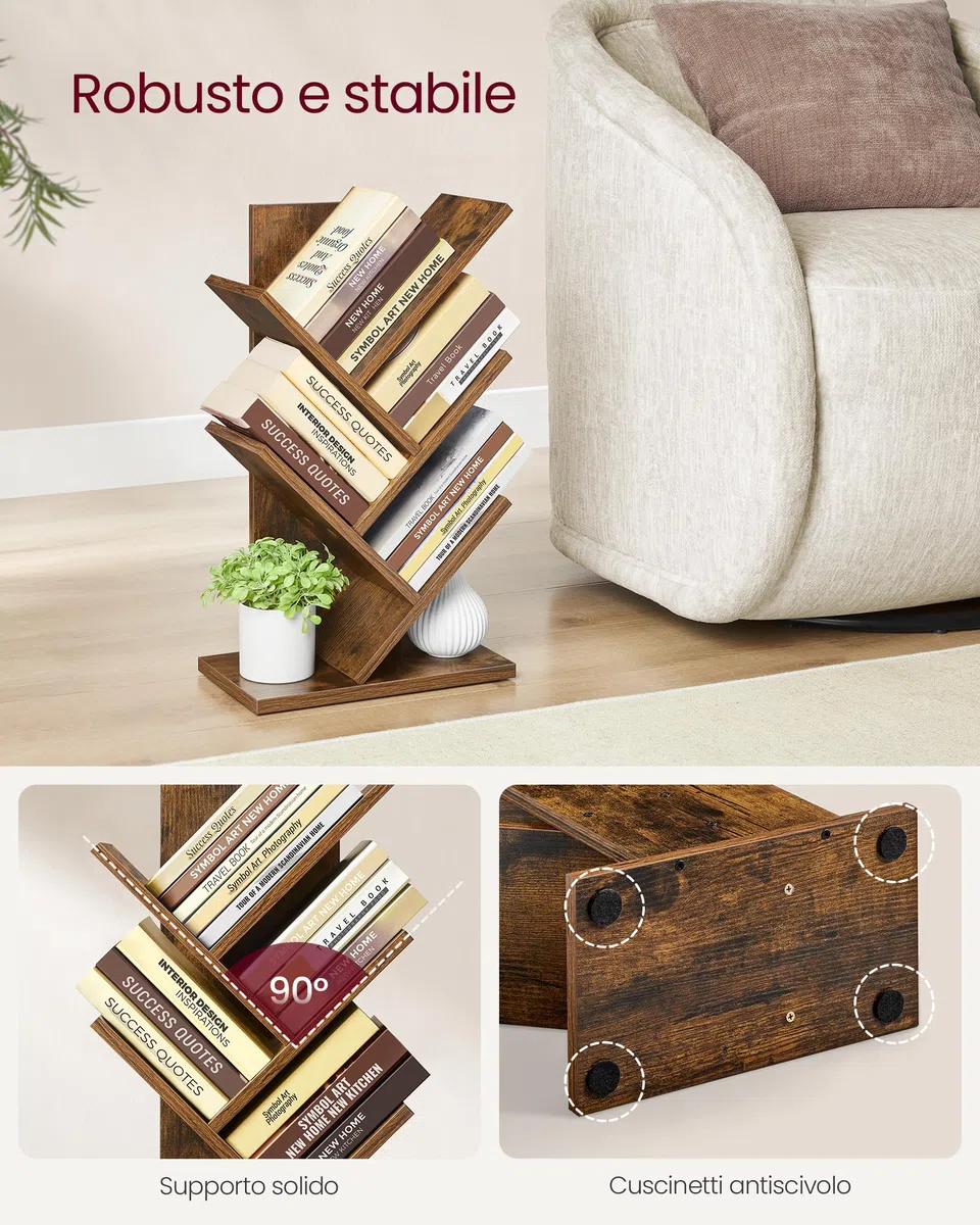 VASAGLE Libreria Scaffale ad Albero a 5 Ripiani, Salvaspazio, Libreria Verticale, per Camera da Letto Soggiorno Studio Ufficio, Marrone Vintage LBC183X01