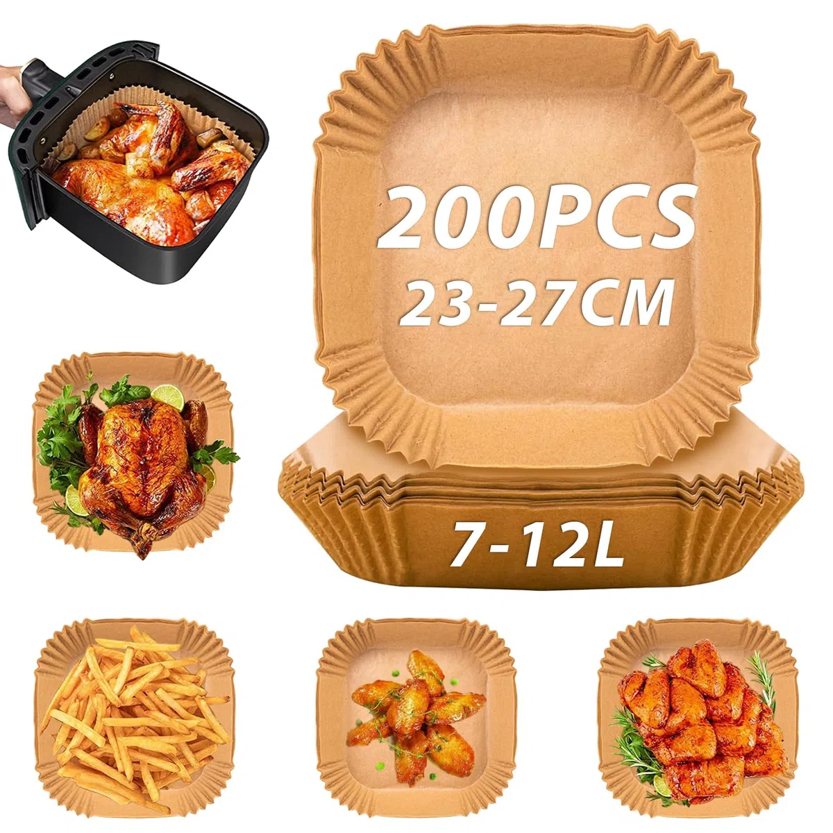 Carta Forno per Friggitrice Ad Aria 23-27cm,200 Pezzi Antiaderente Impermeabile Antiolio Carta per Friggitrice Ad Aria,Fogli Friggitrice Ad Aria per 7-12L Air Fryer,Compatibile con COSORI