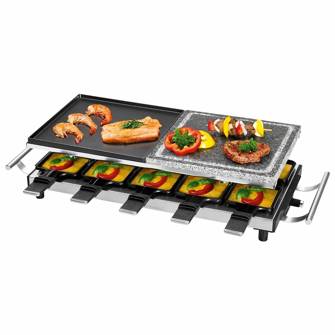 ProfiCook Grill raclette 2in1, raclette 10 persone, raclette con piano in pietra e piano cottura, antiaderente, impugnature isolate termicamente, termostato continuo,1700 Watt, acciaio inox,PC-RG 1144