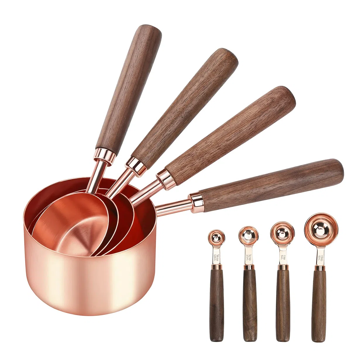 GuDoQi Cucchiai Dosatori Set, 8 Pezzi, Specchio In Acciaio Inossidabile Lucidato Premium, Manico in Legno, 4 Misurino Graduato, 4 Misurini Cucchiai per Misurare Razioni a Secco e Liquidi (Oro Rosa)