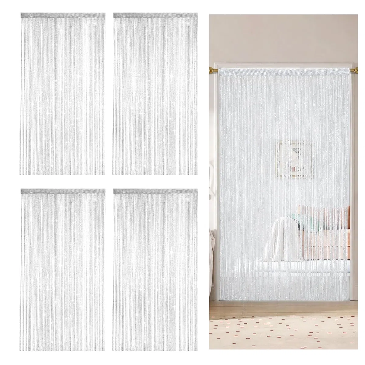 4 Tende a Fili per Porta, 100x200 cm Tende a Filo per Interni, Tenda Porta con Brillantini, Decorazione per Finestre, Divisori, per Matrimoni, Feste (bianco)