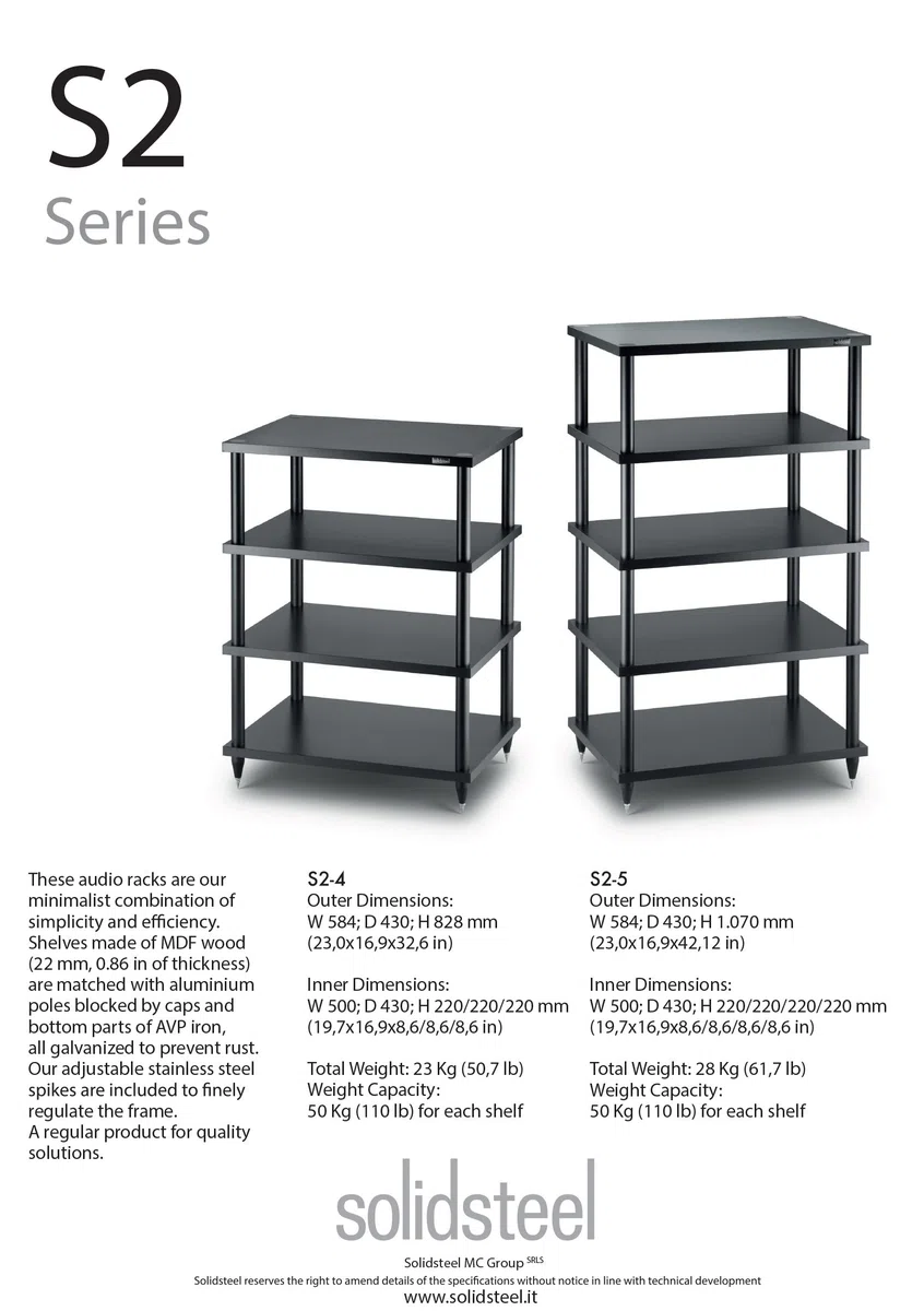 Solidsteel S2-5 Mobile Stereo Hi Fi Porta Elettroniche, Mobiletto Rack Audio a 5 Livelli in Legno (Made in Italy), Telaio in Metallo per Impianto Hi-Fi Stereo, Punte Regolabili in Acciaio INOX