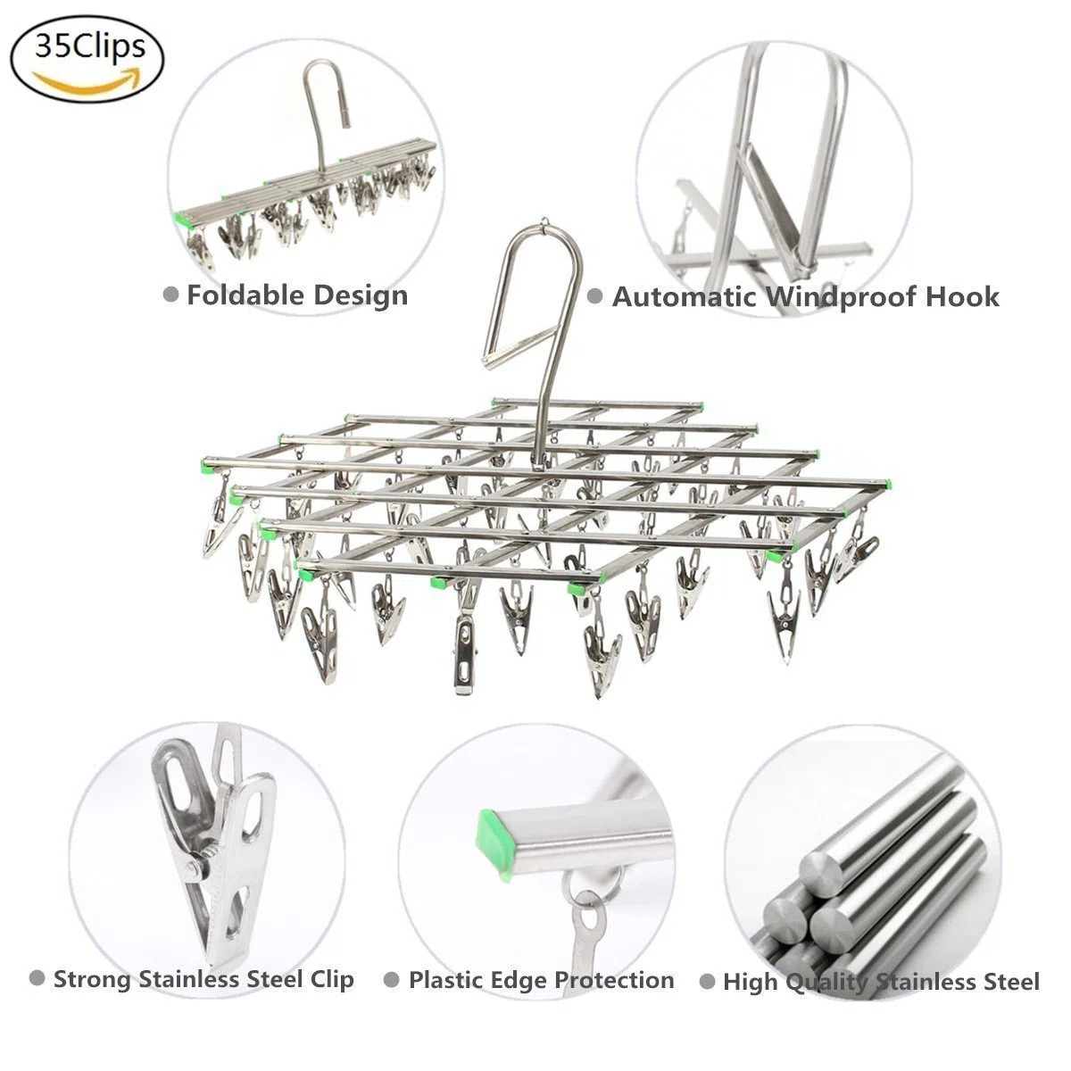 Stendino da appendere in acciaio INOX con 35 clip, per intimo e asciugamani, calze e altro.