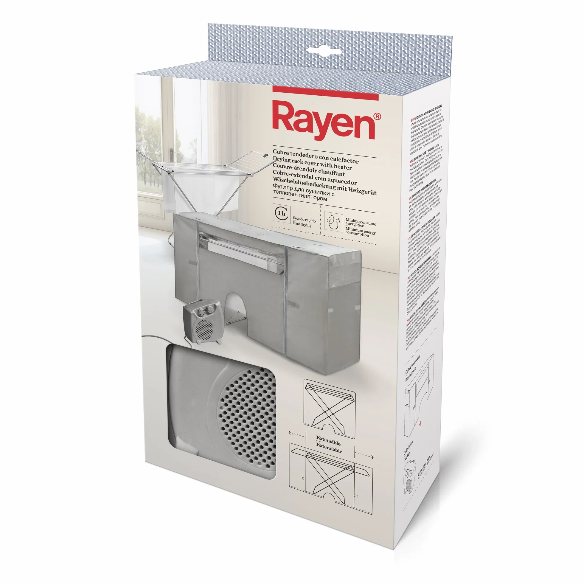 Rayen - Tela Coperchio stendibiancheria con riscaldamento, Stendibiancheria ad asciugatura rapida (1 ora), Estensibile 105-180 x 56 x 106 cm, 1 unità