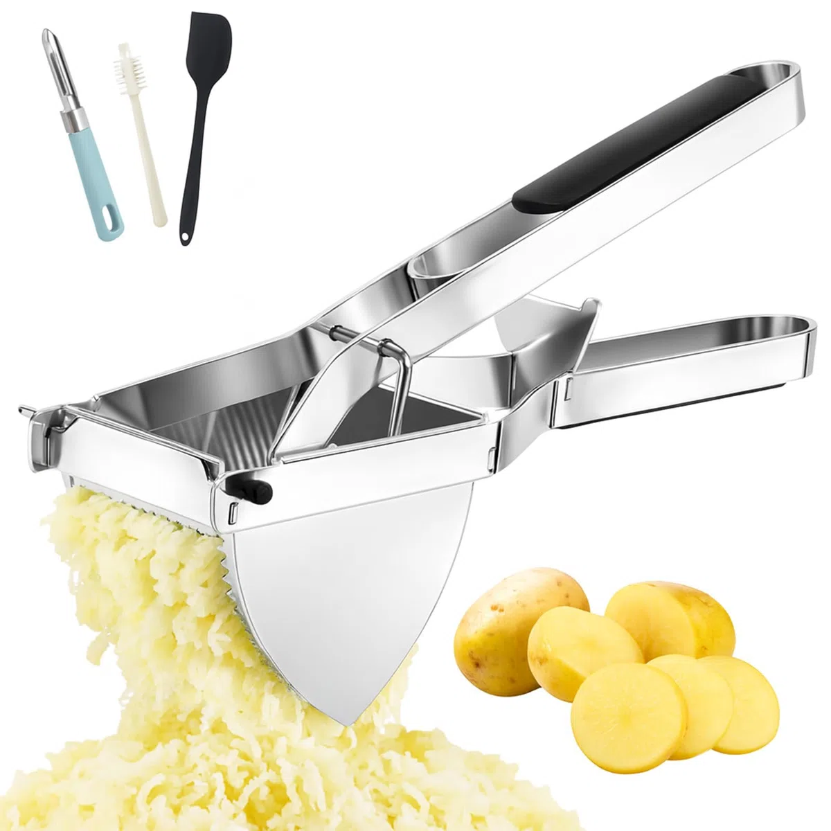 Schiacciapatate Professionale in Acciaio Inox, Grande Pressa Patate e Passaverdure con Manico in Silicone Antiscivolo, Ideale per Purè, Gnocchi, Passatelli e Pappe, Robusto & Lavabile in Lavastoviglie